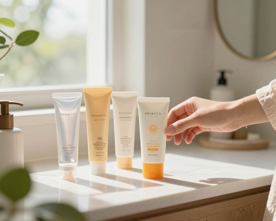 A serene bathroom countertop featuring an array of solubility sunscreens, elegantly arranged amidst lush greenery and soft, natural light filtering through a frosted window. The foreground showcases several sleek, modern sunscreen tubes with varying textures and colors—some transparent, others creamy—indicating their solubility properties. A delicate hand, adorned with subtle jewelry and wearing a soft fabric, reaches for one of the sunscreens, suggesting application. In the middle ground, a soft-focus background reveals a minimalistic mirror reflecting gentle bathroom decor, enhancing the tranquil atmosphere. Use bright, warm lighting to evoke a feeling of comfort and safety, capturing the essence of applying sunscreen for sensitive skin. The angle is slightly above eye level, providing a captivating, inviting composition.