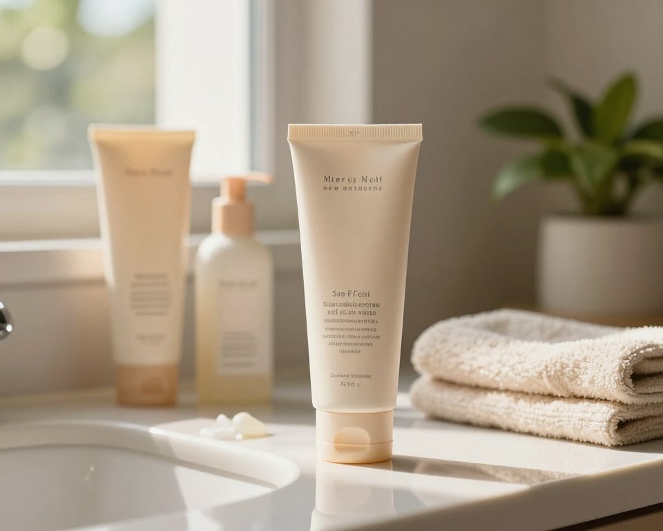 A serene bathroom scene featuring a tube of mineral-based sunscreen prominently displayed in the foreground. The sunscreen is elegantly designed, made of eco-friendly materials, with a light pastel color scheme. The middle ground includes a soft, reflective surface with a few natural skincare products like a gentle cleanser and moisturizer, all arranged neatly. In the background, a window lets in warm, natural light, illuminating the space and creating a calming atmosphere. Green plants and a soft, neutral-toned towel add to the tranquil ambiance. The overall mood is peaceful and nurturing, highlighting safe skincare for new mothers, with a focus on natural and healthy choices. The image is shot from a slight angle, emphasizing the product while maintaining a cozy and inviting feel.