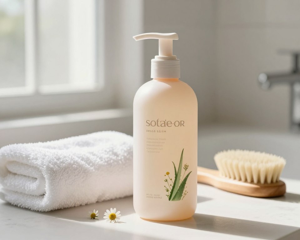 A serene bathroom setting designed for gentle scalp care, featuring a sleek, elegant bottle of sulfate-free shampoo prominently displayed in the foreground. The bottle has a smooth shape with soft, pastel colors, symbolizing calmness and health. A delicate infusion of herbal ingredients is subtly showcased, perhaps with hints of chamomile and aloe vera depicted around the bottle, emphasizing a gentle pH balance. In the middle ground, a plush white towel and a gentle brush rest nearby, creating an inviting atmosphere. In the background, natural light pours in through a frosted window, casting soft shadows and a warm glow over the scene, enhancing the tranquility and sense of well-being that the shampoo embodies. The overall mood is soothing and nurturing, ideal for someone looking for scalp care solutions.