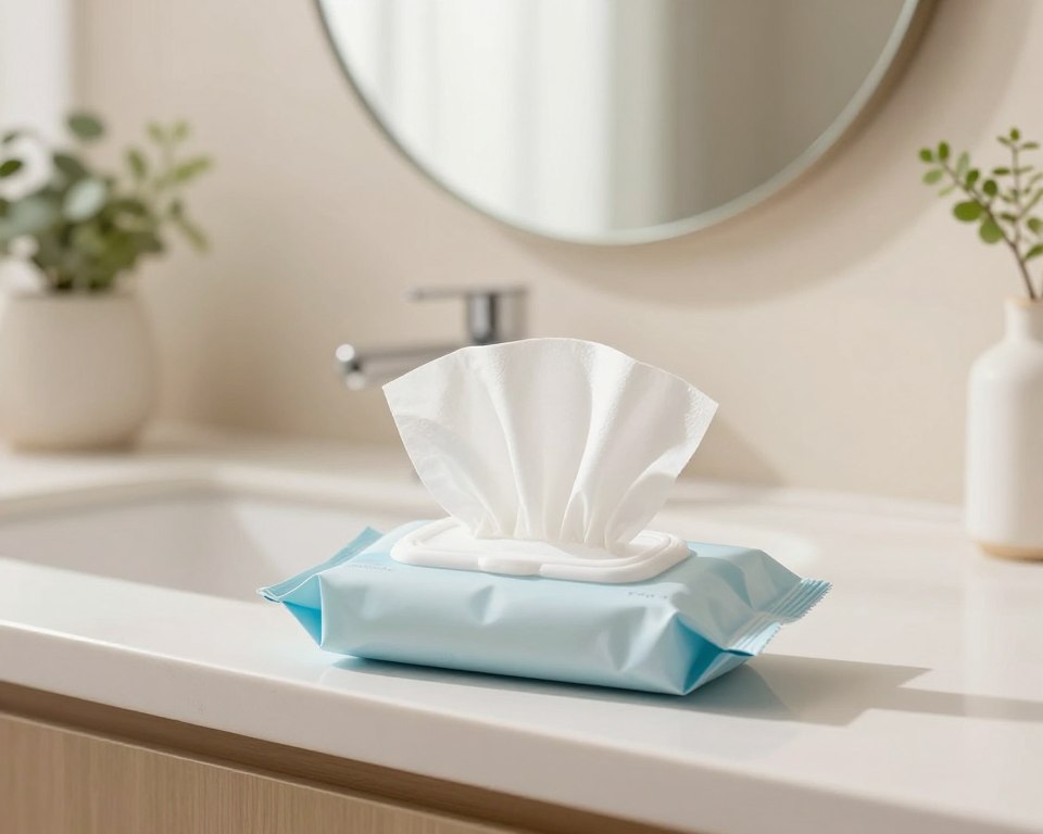 A serene bathroom setting featuring a stylish, minimalist countertop. In the foreground, a pack of sensitive skin makeup remover wipes is artfully placed, with a few wipes gently fanned out, showcasing their soft texture. The wipes are white with a hint of pastel blue packaging, evoking a sense of calm and purity. In the middle, a round mirror reflects soft natural light from a nearby window, contributing to the fresh and inviting atmosphere. A few delicate green plants add a touch of nature in the background, enhancing the tranquil feel. The scene is lit with warm, diffused lighting, creating a gentle and soothing ambiance, ideal for emphasizing the importance of caring for sensitive skin.