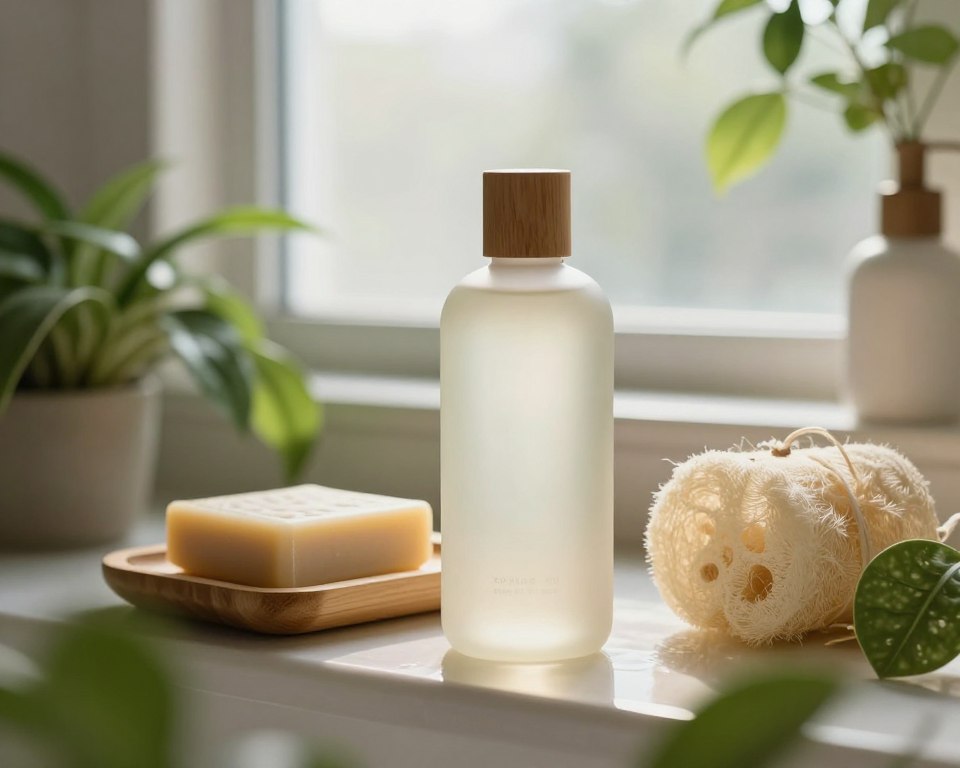 A serene bathroom setting showcasing a natural sulfate-free shampoo bottle, elegantly designed, nestled among lush green plants. In the foreground, the shampoo bottle is frosted glass with a wooden cap, reflecting natural light. The middle features soft, organic textures such as a bamboo soap dish and a loofah, enhancing the eco-friendly vibe. The background is softly blurred, depicting warm bathroom tones with gentle light filtering through a large, frosted window, creating a calming atmosphere. The scene conveys tranquility and a focus on natural beauty products, emphasizing the essence of gentle hair care for sensitive scalps. The overall mood is fresh and inviting, highlighting the idea of natural wellness.