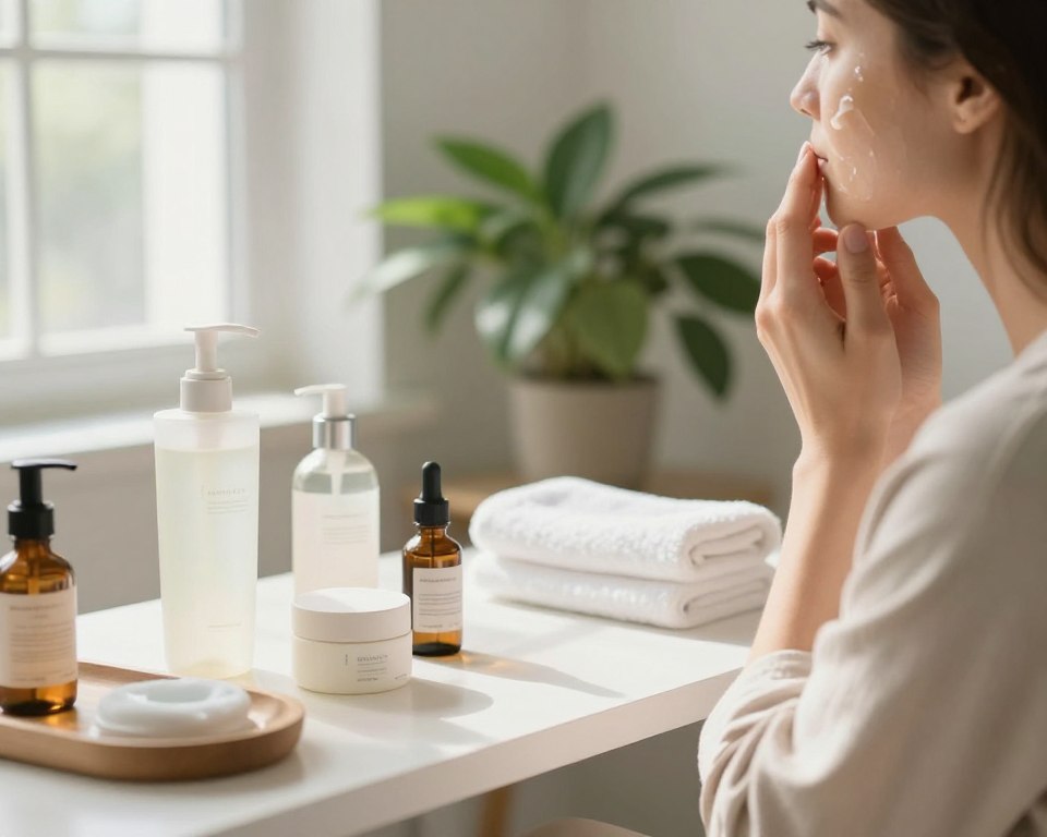 A serene bathroom setting with soft, natural light streaming through a window, illuminating a well-organized skincare station. In the foreground, a woman in modest casual clothing applies a soothing lotion to her face, her expression calm and focused, embodying post-peel care. In the middle, a variety of skincare products are neatly arranged, including a gentle cleanser, a nurturing moisturizer, and calming serums. Background details feature a lush green plant and a plush towel, enhancing the relaxing atmosphere. The overall mood is peaceful and rejuvenating, with a shallow depth of field to emphasize the skincare routine while keeping the environment softly blurred. A serene bathroom setting with soft, natural light streaming through a window, illuminating a well-organized skincare station. In the foreground, a woman in modest casual clothing applies a soothing lotion to her face, her expression calm and focused, embodying post-peel care. In the middle, a variety of skincare products are neatly arranged, including a gentle cleanser, a nurturing moisturizer, and calming serums. Background details feature a lush green plant and a plush towel, enhancing the relaxing atmosphere. The overall mood is peaceful and rejuvenating, with a shallow depth of field to emphasize the skincare routine while keeping the environment softly blurred.