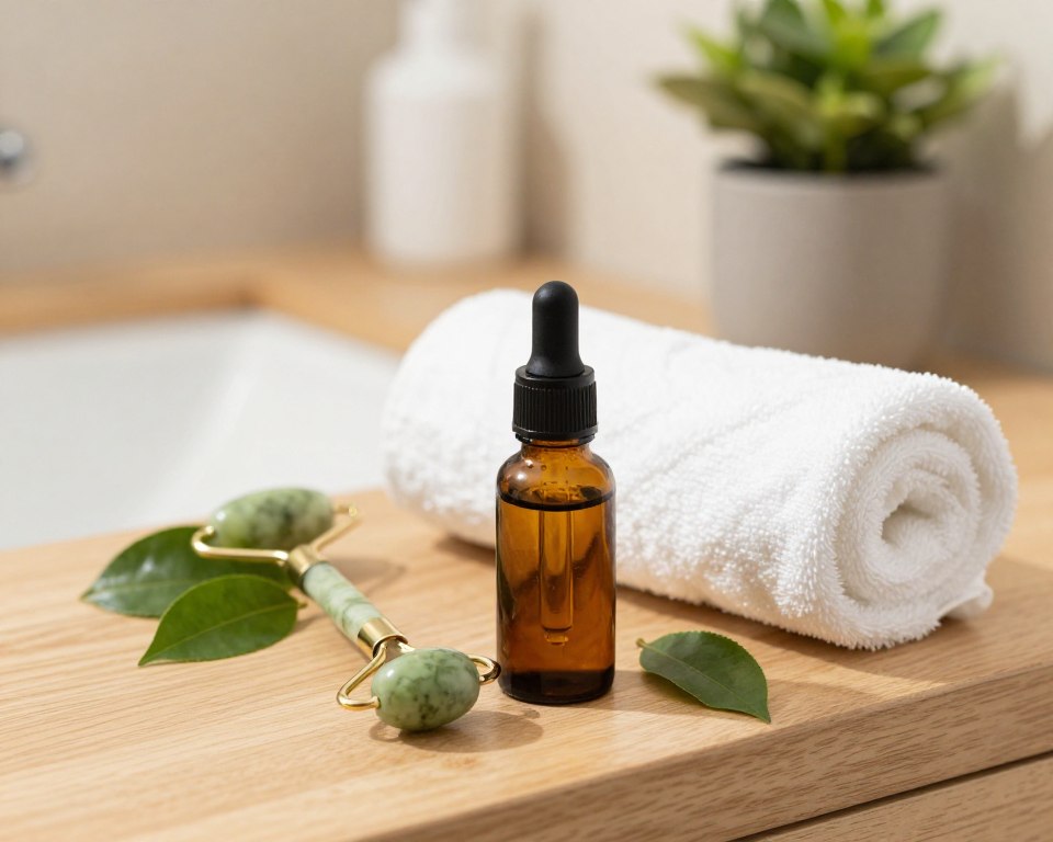 A serene bathroom setting with warm, soft lighting illuminating a wooden vanity, where a glass dropper bottle of tea tree oil sits prominently in the foreground. Next to the bottle, a small jade roller and a few fresh green tea leaves create a natural aesthetic. In the middle, a clean white skincare towel is rolled neatly, adding to the organized feel. The background features a subtle blurred view of a potted plant, enhancing the calming atmosphere. The mood is tranquil and inviting, emphasizing the soothing properties of tea tree oil for managing acne and skin inflammation. The angle captures the scene from slightly above, providing a fresh perspective on self-care routines.