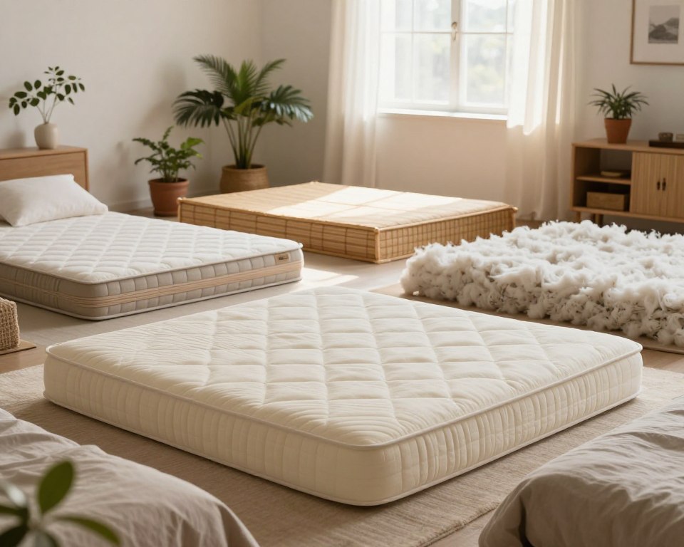 A serene bedroom setting showcasing a variety of organic mattress alternatives. In the foreground, a plush, natural latex mattress is surrounded by soft, breathable bedding made from organic cotton, showcasing its texture. In the middle ground, display a bamboo mattress and a wool-filled alternative, emphasizing the diversity of materials. The background features a softly lit window with sheer curtains, allowing warm sunlight to filter in, creating a peaceful atmosphere. Include potted plants and simple wooden furniture to highlight a natural, eco-friendly vibe. Use a wide-angle perspective to capture the entirety of the scene, ensuring a harmonious and inviting feel. A serene bedroom setting showcasing a variety of organic mattress alternatives. In the foreground, a plush, natural latex mattress is surrounded by soft, breathable bedding made from organic cotton, showcasing its texture. In the middle ground, display a bamboo mattress and a wool-filled alternative, emphasizing the diversity of materials. The background features a softly lit window with sheer curtains, allowing warm sunlight to filter in, creating a peaceful atmosphere. Include potted plants and simple wooden furniture to highlight a natural, eco-friendly vibe. Use a wide-angle perspective to capture the entirety of the scene, ensuring a harmonious and inviting feel.