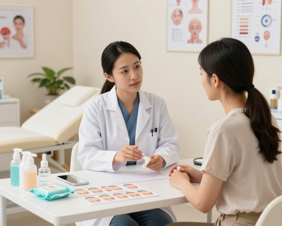 A serene clinical environment depicting a professional skin care consultation. In the foreground, a well-organized table displays various makeup remover wipes and an assortment of visual aids like charts illustrating skin types and residue effects. In the middle, a doctor in a lab coat and a patient wearing modest casual clothing discuss the implications of leaving makeup remover wipe residue overnight. The background features a softly lit examination room with calming colors, medical posters, and a potted plant adding a touch of warmth. The lighting is bright yet soft, creating an inviting atmosphere. The scene captures a blend of professionalism and care, underlining the importance of clinical advice on skin health.