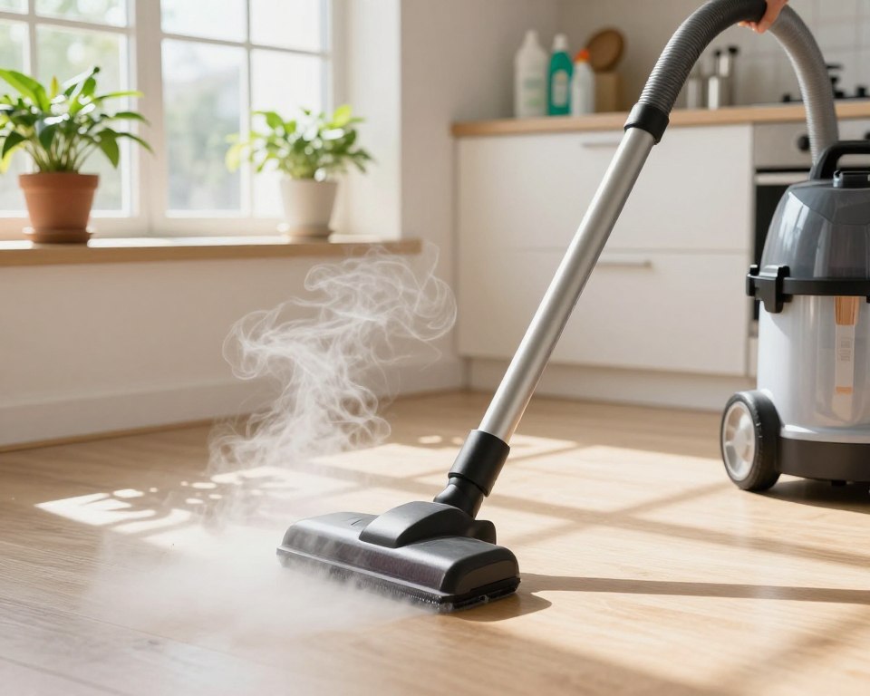 A serene domestic environment focused on environmentally friendly steam cleaning. In the foreground, a sleek, modern steam cleaner emits gentle, visible steam as it glides across a light wooden floor. In the middle ground, a bright, sunlit kitchen showcases potted green plants on the windowsill, emphasizing a natural vibe. The background includes eco-friendly cleaning supplies neatly arranged, highlighting sustainability. Natural light fills the scene, casting soft shadows that create warmth and inviting atmosphere. Shot from a slightly elevated angle to capture the steam's flow and the cleanliness of the space. The overall mood is peaceful, fresh, and eco-conscious, showcasing the power of steam cleaning with a focus on environmental safety. A serene domestic environment focused on environmentally friendly steam cleaning. In the foreground, a sleek, modern steam cleaner emits gentle, visible steam as it glides across a light wooden floor. In the middle ground, a bright, sunlit kitchen showcases potted green plants on the windowsill, emphasizing a natural vibe. The background includes eco-friendly cleaning supplies neatly arranged, highlighting sustainability. Natural light fills the scene, casting soft shadows that create warmth and inviting atmosphere. Shot from a slightly elevated angle to capture the steam's flow and the cleanliness of the space. The overall mood is peaceful, fresh, and eco-conscious, showcasing the power of steam cleaning with a focus on environmental safety.