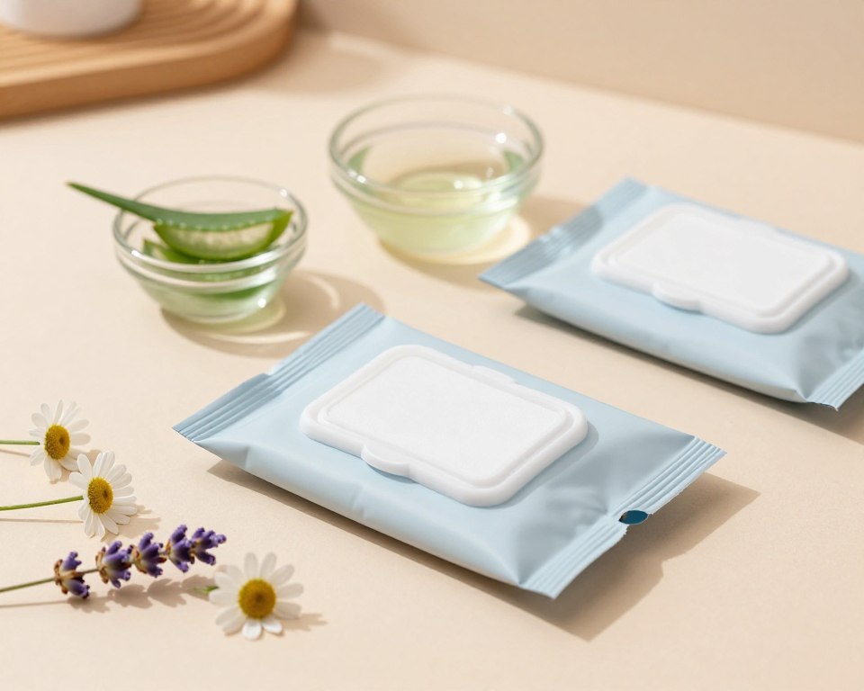 A serene flat lay composition featuring hypoallergenic makeup remover wipes, elegantly arranged on a soft pastel background. The wipes are neatly pulled from an open pack, showcasing their smooth, gentle texture. Light, natural illumination highlights the wipes, casting soft shadows that add depth to the image. In the foreground, a few delicate flowers, such as chamomile or lavender, are placed beside the wipes, symbolizing their calming properties. In the middle, a small glass bowl of soothing aloe vera gel glistens, enhancing the focus on skin-friendly ingredients. The background features a softly blurred wooden surface, giving a warm and inviting atmosphere, perfect for a skincare theme. The overall mood is tranquil and professional, ideal for highlighting the importance of selecting non-irritating beauty products.