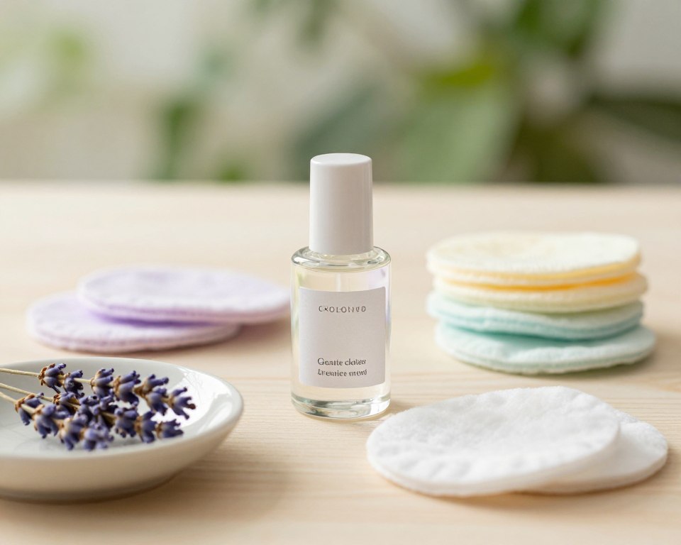 A serene flat lay of gentle nail polish remover designed for sensitive skin, featuring a stylish glass bottle with a delicate label, surrounded by soft, pastel-colored cotton pads. In the foreground, include a small ceramic dish with dried lavender flowers to emphasize a calming, eco-friendly atmosphere. The middle ground showcases the remover bottle and cotton pads on a light wooden surface to create a warm, inviting ambiance. In the background, a gentle bokeh effect with soft-focus greenery adds a touch of nature and tranquility, suggesting a relaxing self-care environment. The lighting is soft and natural, emulating morning light, which highlights the gentle nature of the product and evokes a sense of safety and comfort. A serene flat lay of gentle nail polish remover designed for sensitive skin, featuring a stylish glass bottle with a delicate label, surrounded by soft, pastel-colored cotton pads. In the foreground, include a small ceramic dish with dried lavender flowers to emphasize a calming, eco-friendly atmosphere. The middle ground showcases the remover bottle and cotton pads on a light wooden surface to create a warm, inviting ambiance. In the background, a gentle bokeh effect with soft-focus greenery adds a touch of nature and tranquility, suggesting a relaxing self-care environment. The lighting is soft and natural, emulating morning light, which highlights the gentle nature of the product and evokes a sense of safety and comfort.