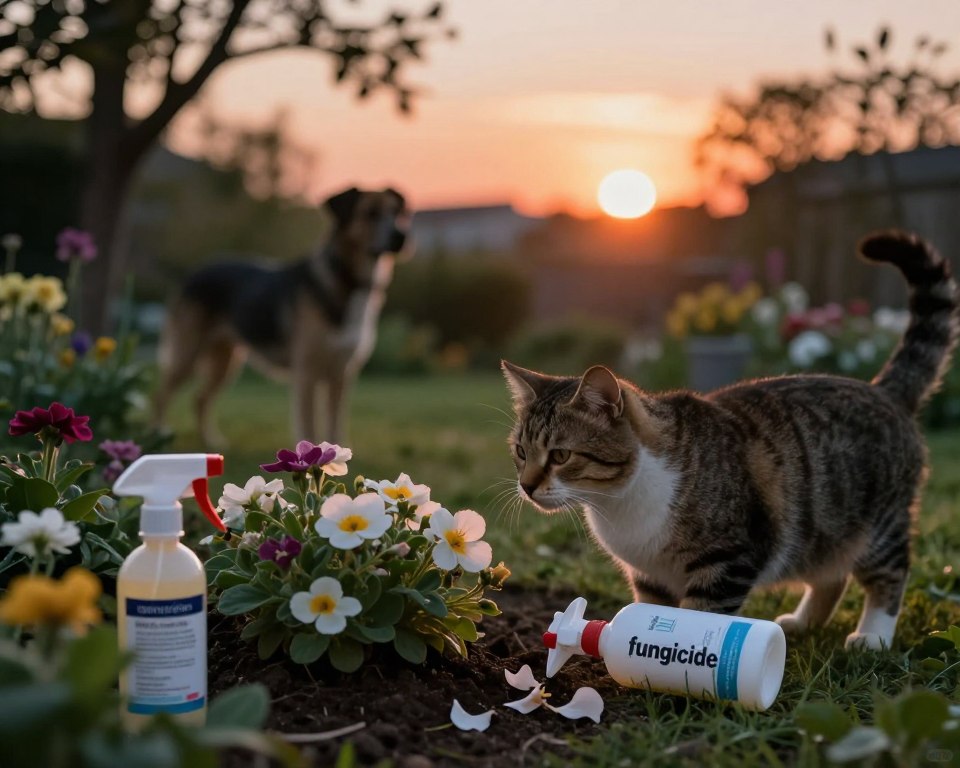 A serene garden scene at dusk, showcasing the potential risks of using garden fungicide. In the foreground, a curious cat is inspecting a patch of blooming flowers, with a ghostly silhouette of a dog watching from a distance. The middle ground features a spray bottle labeled "fungicide" lying on its side, with a few scattered flowers’ petals. In the background, a vibrant sunset casts a warm glow over the garden, creating a contrasting atmosphere against the subtle shadows of a nearby tree, hinting at the hidden dangers. The composition emphasizes vulnerability, with soft focus on the animals and sharper details on the spray bottle, shot with a shallow depth of field to evoke a sense of caution.
