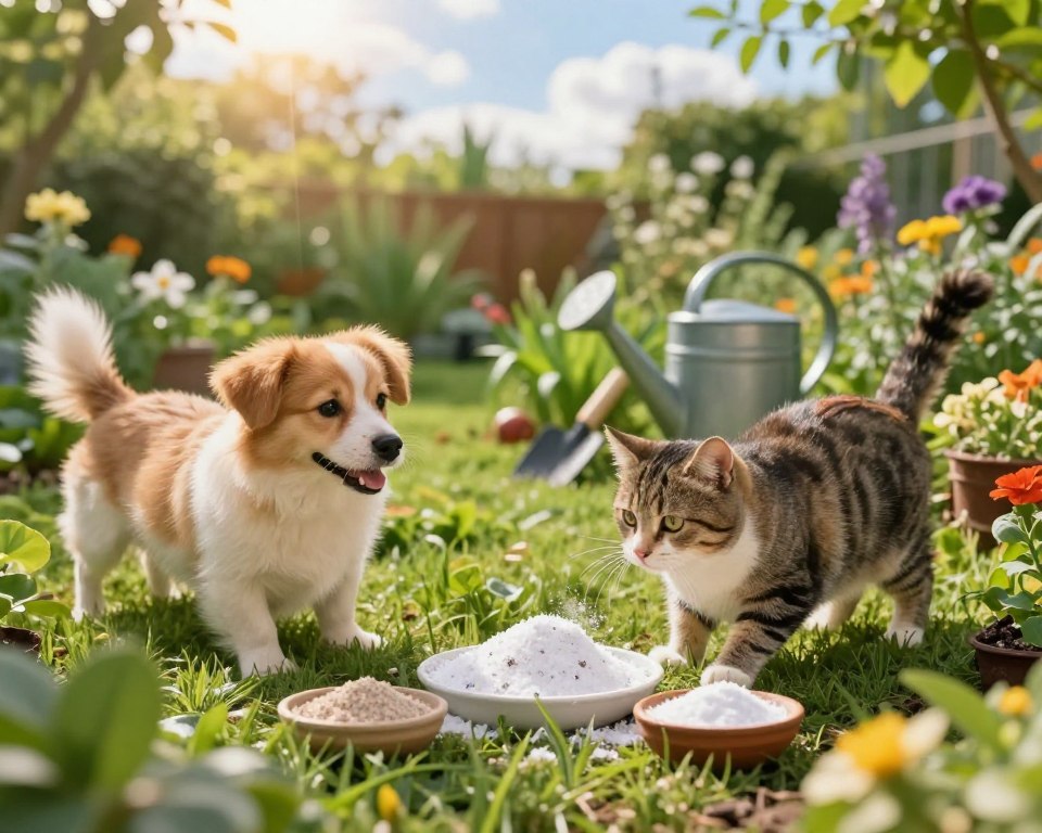 A serene garden scene featuring a lush, green landscape with vibrant flowers and plants. In the foreground, a happy dog and a curious cat explore a pet-friendly slug control solution, which consists of natural ingredients like salt and diatomaceous earth, displayed in small bowls surrounded by healthy vegetation. In the middle ground, there are organic gardening tools and a watering can, suggesting an environmentally conscious approach. The background reveals a sunny sky with soft clouds, highlighting the peaceful atmosphere of the garden. The lighting is warm and inviting, casting gentle shadows while creating an uplifting mood. Capture this image with a close-up perspective to emphasize the interaction between the pets and the natural slug control methods, ensuring a wholesome and friendly vibe.