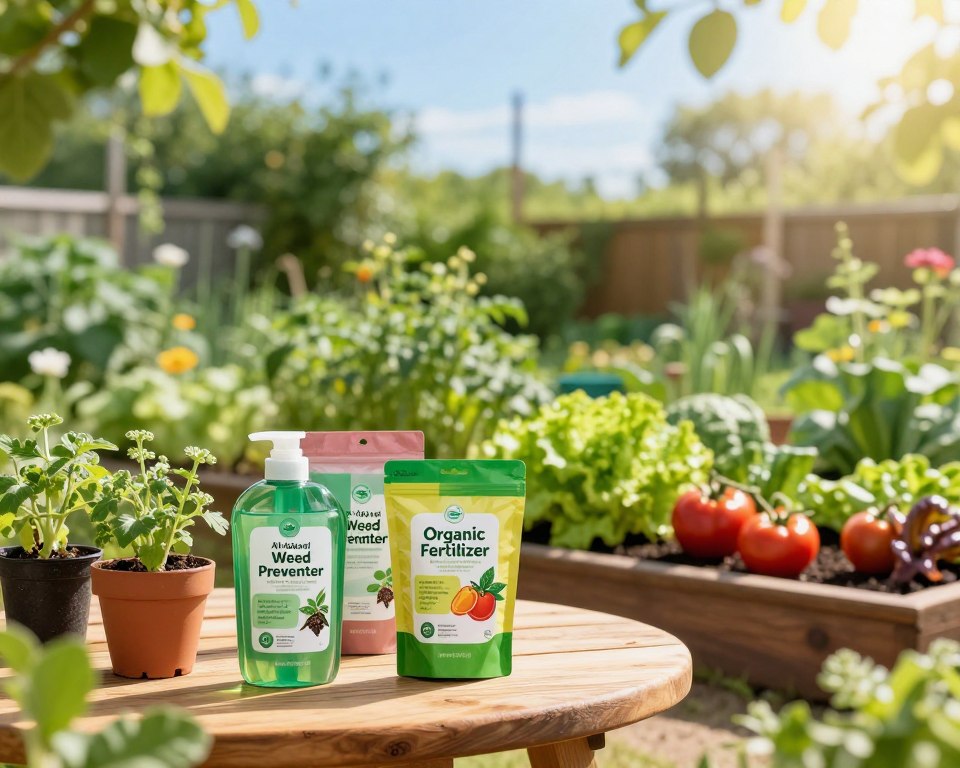 A serene garden scene featuring eco-friendly weed control products such as natural herbicides and organic fertilizers. In the foreground, a wooden table displays vibrant packaging with clear labels like “All-Natural Weed Preventer” and “Organic Fertilizer” surrounded by small potted herbs and blooming vegetables. In the middle, an array of healthy plants, including tomatoes and lettuce, thrive in well-tended garden beds, demonstrating the effect of safe gardening practices. The background includes lush greenery with a clear blue sky and soft sunlight filtering through the leaves, creating a warm and inviting atmosphere. The image should have a bright, hopeful mood, captured with a subtle depth of field to emphasize the products while keeping the background in soft focus.