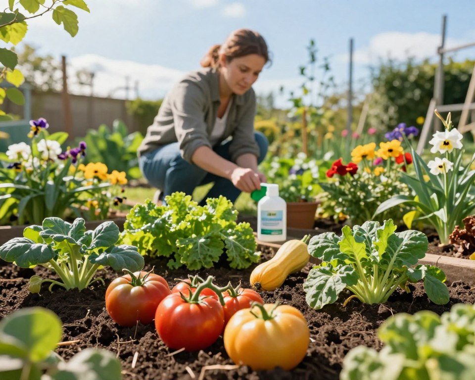 A serene garden scene focusing on the prevention of vegetable contamination from garden chemicals. In the foreground, a diverse array of organic vegetables—tomatoes, squash, and leafy greens—growing in rich, dark soil, free of synthetic chemicals. The middle ground features a gardener in modest casual clothing, gently applying natural compost or organic pest control solutions, emphasizing sustainable practices. Surrounding her are vibrant flowers and beneficial insects, indicating a healthy ecosystem. The background showcases a clear blue sky with soft, natural sunlight filtering through leaves, casting a warm and inviting glow over the scene. Capture the mood of harmony between nature and sustainable gardening, highlighting the importance of environmentally friendly methods without any signs of chemical use.