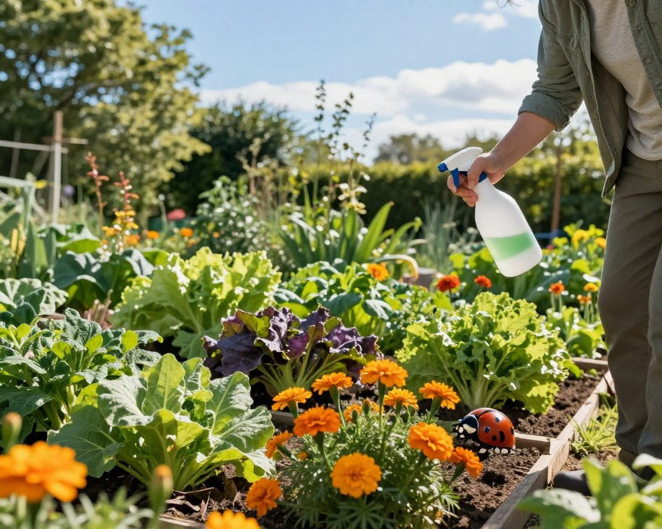 A serene garden scene illustrating sustainable pest control solutions, focusing on a vibrant patch of organic vegetables surrounded by natural pest deterrents like marigold flowers and beneficial insects such as ladybugs. In the foreground, a gardener in modest casual clothing uses a spray bottle filled with eco-friendly pesticide, ensuring minimal environmental impact. The middle ground features a variety of lush plants, with careful attention to biodiversity. In the background, a clear blue sky and gentle sunlight filter through leafy trees, casting soft shadows, creating a tranquil and harmonious atmosphere. The image should evoke a sense of care for the environment, highlighting the balance between gardening and ecology, using a slightly elevated angle to capture the expansive layout.