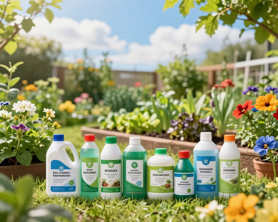 A serene garden scene showcasing a variety of safe garden chemicals, nestled among lush greenery. In the foreground, neatly arranged bottles of eco-friendly fertilizers and pesticides with natural ingredients, labeled for clarity, are surrounded by vibrant flowers and thriving plants. In the middle ground, a well-tended garden bed with healthy vegetables and herbs reflects the results of using these safe products. The background features a bright blue sky with soft, fluffy clouds, and sunlight filtering through the leaves, creating a warm, inviting atmosphere. The image captures a sense of safety and peace associated with using non-toxic garden chemicals. The lighting emphasizes the freshness of the garden, with a depth of field that subtly blurs the background for focus on the chemicals.