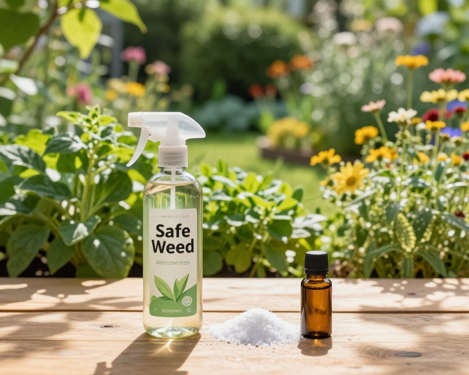 A serene garden scene showcasing safe weed killer alternatives such as vinegar, salt, and essential oils, arranged artistically on a wooden table in the foreground. Bright sunlight filters through leaves, creating a warm and inviting atmosphere, with shadows dancing lightly across the table. In the middle ground, vibrant green plants thrive, symbolizing a healthy ecosystem free from toxic chemicals. In the background, a soft-focus image of a colorful garden full of wildflowers and herbs illustrates natural beauty and sustainability. The lens captures the details with a slight bokeh effect, emphasizing the natural textures of the ingredients. Overall, the mood is peaceful and eco-friendly, promoting a sense of safety and wellness in gardening practices. A serene garden scene showcasing safe weed killer alternatives such as vinegar, salt, and essential oils, arranged artistically on a wooden table in the foreground. Bright sunlight filters through leaves, creating a warm and inviting atmosphere, with shadows dancing lightly across the table. In the middle ground, vibrant green plants thrive, symbolizing a healthy ecosystem free from toxic chemicals. In the background, a soft-focus image of a colorful garden full of wildflowers and herbs illustrates natural beauty and sustainability. The lens captures the details with a slight bokeh effect, emphasizing the natural textures of the ingredients. Overall, the mood is peaceful and eco-friendly, promoting a sense of safety and wellness in gardening practices.
