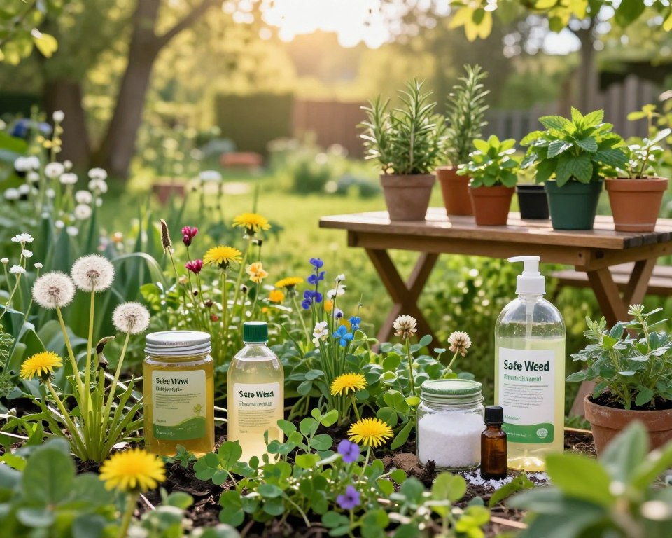A serene garden scene showcasing safe weed killer alternatives. In the foreground, vibrant, healthy plants such as dandelions, clover, and other common garden flowers, with eco-friendly jars filled with natural ingredients like vinegar, salt, and essential oils placed artfully among them. The middle ground features a wooden garden table displaying small potted herbs like rosemary and mint, emphasizing organic gardening. In the background, a lush green landscape under soft, golden sunlight filtering through tall trees creates a warm, inviting atmosphere. The angle is slightly elevated, capturing the beauty and tranquility of a garden nurtured with safe methods. Focus on bright, fresh colors to evoke a feeling of harmony with nature. A serene garden scene showcasing safe weed killer alternatives. In the foreground, vibrant, healthy plants such as dandelions, clover, and other common garden flowers, with eco-friendly jars filled with natural ingredients like vinegar, salt, and essential oils placed artfully among them. The middle ground features a wooden garden table displaying small potted herbs like rosemary and mint, emphasizing organic gardening. In the background, a lush green landscape under soft, golden sunlight filtering through tall trees creates a warm, inviting atmosphere. The angle is slightly elevated, capturing the beauty and tranquility of a garden nurtured with safe methods. Focus on bright, fresh colors to evoke a feeling of harmony with nature.