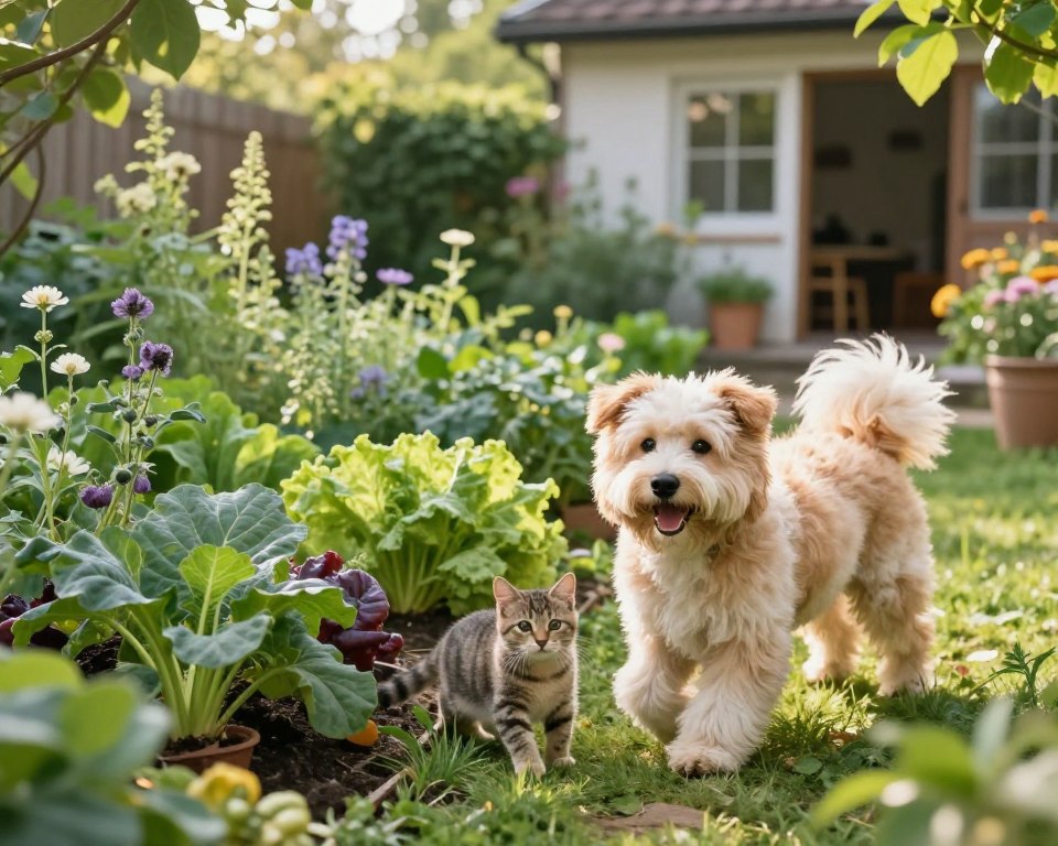 A serene garden scene showcasing the positive effects of organic pest management on pet safety. In the foreground, a happy, fluffy dog plays with a small cat amidst vibrant, organic vegetables. Both pets exude joy and curiosity, embodying a safe environment. The middle ground features a variety of herbs and flowers, highlighted by morning sunlight filtering through the leaves, casting gentle shadows. In the background, a cozy home can be seen, emphasizing a harmonious relationship between nature and domestic life. The overall mood should be cheerful and inviting, evoking a sense of safety for pets in a lush, organic setting. Soft, warm lighting enhances the peaceful atmosphere, capturing the essence of eco-friendly gardening practices.