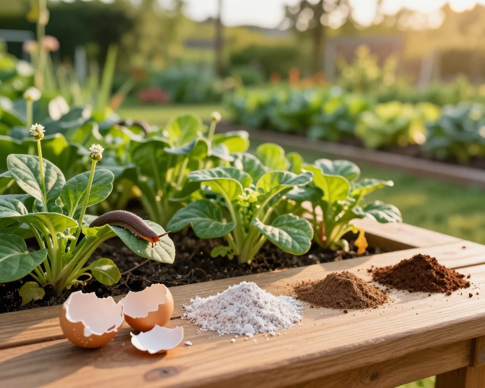 A serene garden setting showcasing an innovative eco-friendly slug deterrent solution. In the foreground, a vibrant array of natural deterrents such as crushed eggshells, diatomaceous earth, and coffee grounds elegantly arranged on a wooden garden table. The middle ground features lush green plants, with a few slugs calmly resting upon the leaves, contrasting with the colorful natural barriers. In the background, a soft-focus image of a well-kept vegetable garden under warm, golden hour lighting, casting gentle shadows that enhance the tranquility of the scene. The atmosphere is peaceful and nurturing, evoking a sense of harmony with nature. Capture this scene with a slightly angled perspective to provide depth, using a shallow depth of field to keep the focus on the deterrent practices while maintaining an inviting and organic ambiance.