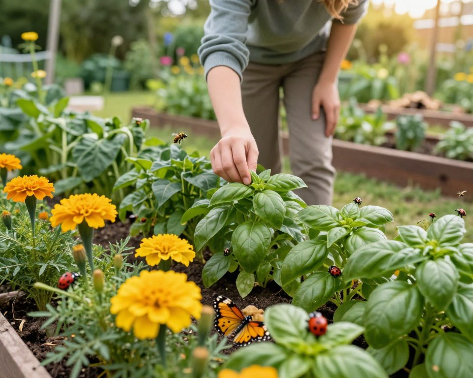 A serene garden setting showcasing natural pest management techniques. In the foreground, a diverse array of companion plants, such as marigolds and basil, interspersed with colorful ladybugs and butterflies, representing a healthy ecosystem. In the middle ground, a person wearing modest casual clothing gently inspecting crops, surrounded by beneficial insects like bees and predatory wasps. The background features lush greenery, organic raised beds, and a hint of a compost area, all under warm, diffused daylight filtering through the leaves, creating a peaceful and inviting atmosphere. A slightly low angle perspective enhances the lushness of the garden, evoking a sense of harmony with nature and effective pest management.