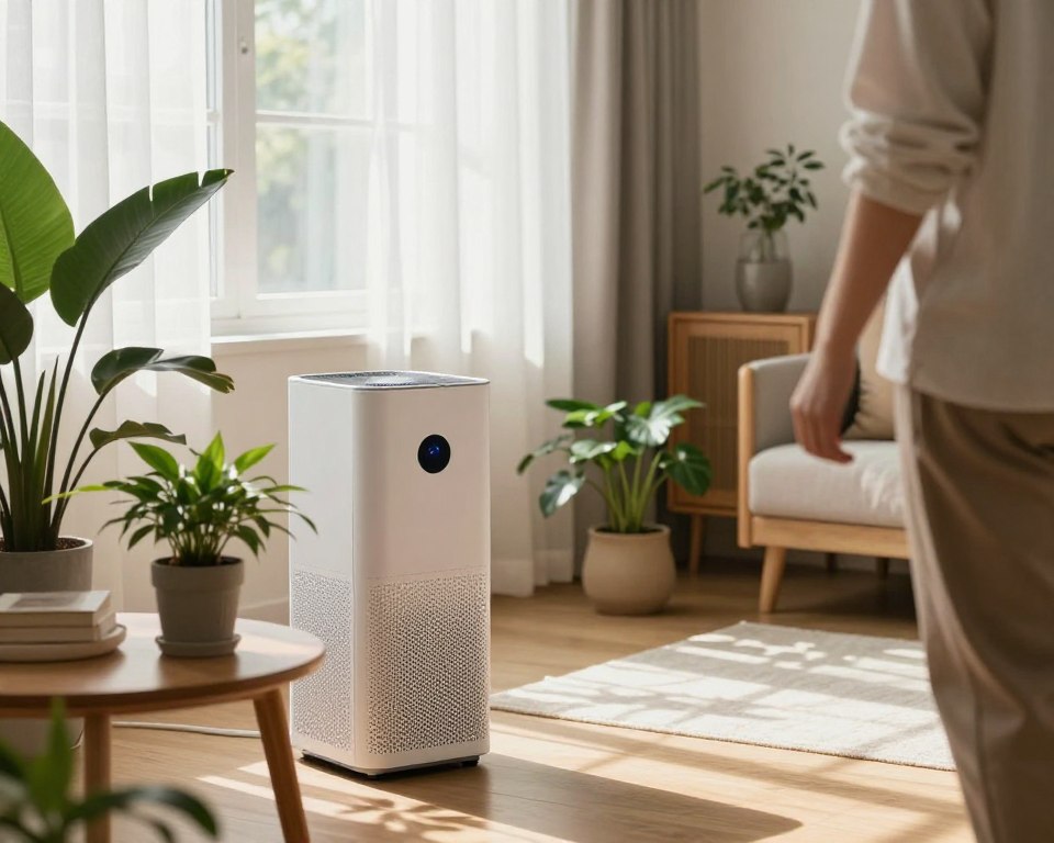 A serene indoor environment highlighting air purification and chemical sensitivity. In the foreground, a sleek air purifier stands on a wooden table, surrounded by houseplants that promote clean air. The middle layer features a window with sheer curtains allowing soft, diffused natural light to fill the space. Sunlight creates gentle shadows on the floor, enhancing a calm atmosphere. The background displays a cozy room with modern furniture in neutral tones, contributing to a sense of safety and tranquility. Optionally, include a person in modest casual clothing, inspecting the air purifier, demonstrating attention to indoor air quality. The overall mood is peaceful and restorative, emphasizing wellness for vulnerable populations.
