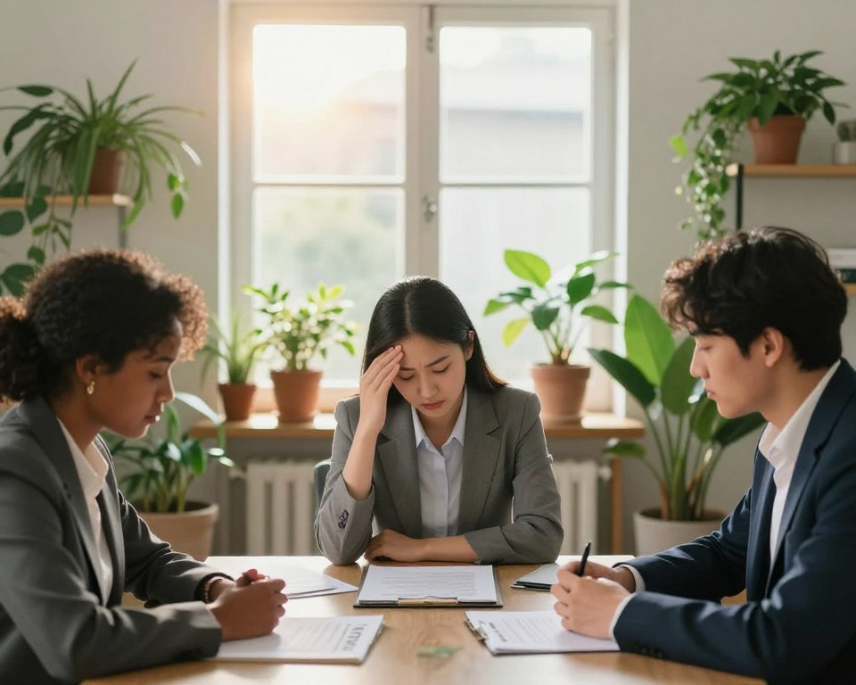 A serene indoor environment showcasing a well-lit room filled with houseplants, symbolizing a safe space for vulnerable individuals with chemical sensitivity. In the foreground, a diverse group of three individuals in professional business attire sits at a table with materials on VOCs (volatile organic compounds). One person is gently holding their head, depicting symptoms of brain fog. The middle background features an open window with soft sunlight filtering through, creating a warm and inviting atmosphere. Potted plants are carefully placed to enhance the feeling of natural purity. The overall mood is reflective and introspective, with a focus on awareness and sensitivity. The image uses soft, natural lighting to evoke a sense of calm and hope.