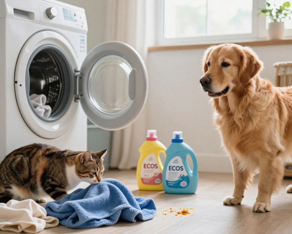 A serene indoor laundry room featuring a washing machine and a pile of freshly laundered clothes. In the foreground, a curious cat is sniffing at the edge of a soft blue towel, while a golden retriever watches attentively from a few feet away, ears perked. In the middle, a clear view of colorful laundry detergent bottles labeled 'ECOS,' with some detergent residue spotted on a nearby surface. The background shows a window letting in soft, natural light, creating a warm and inviting atmosphere. Utilize a wide-angle lens to capture the cozy setting while emphasizing the interaction between the pets and the laundry. The overall mood is calm and informative, highlighting the importance of pet safety in relation to laundry residue. A serene indoor laundry room featuring a washing machine and a pile of freshly laundered clothes. In the foreground, a curious cat is sniffing at the edge of a soft blue towel, while a golden retriever watches attentively from a few feet away, ears perked. In the middle, a clear view of colorful laundry detergent bottles labeled 'ECOS,' with some detergent residue spotted on a nearby surface. The background shows a window letting in soft, natural light, creating a warm and inviting atmosphere. Utilize a wide-angle lens to capture the cozy setting while emphasizing the interaction between the pets and the laundry. The overall mood is calm and informative, highlighting the importance of pet safety in relation to laundry residue.