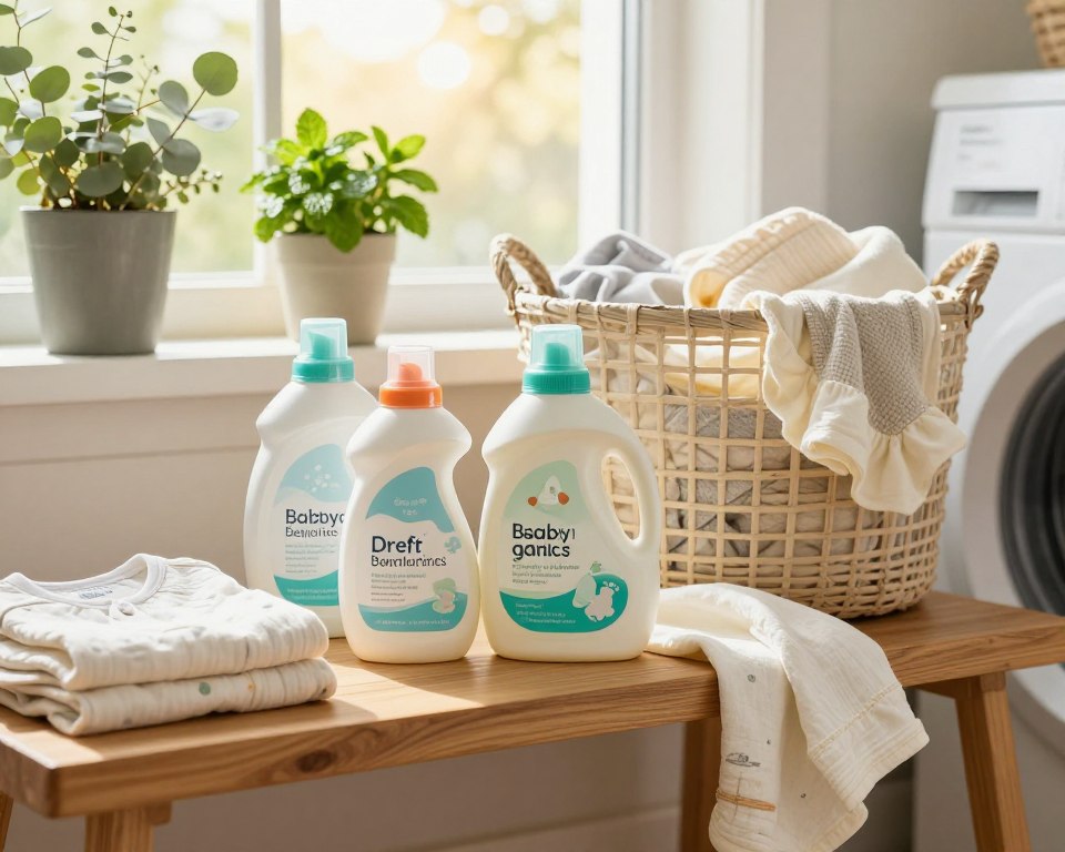 A serene indoor laundry space, showcasing eco-friendly baby laundry products. In the foreground, vibrant bottles of Babyganics and Dreft detergent sit atop a wooden shelf, surrounded by soft, organic cotton baby clothes gently folded and draping elegantly over the edge. The middle ground features a rustic laundry basket filled with natural fabric, emphasizing sustainability. In the background, a sunlit window casts a warm glow, highlighting potted herbs like eucalyptus and mint, symbolizing freshness and natural ingredients. The atmosphere is calm and inviting, reflecting a sense of eco-conscious care. Use soft, natural lighting with a shallow focus to enhance the whimsical yet practical nature of the scene.