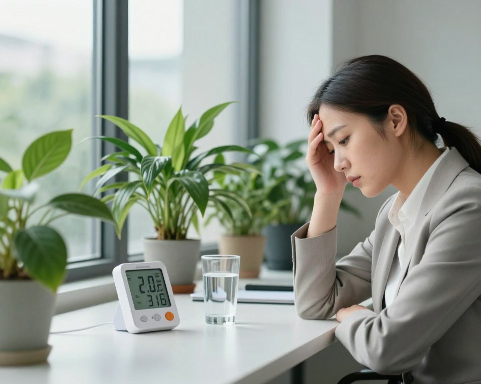 A serene, indoor office environment showcasing the connection between humidity levels and fatigue symptoms. In the foreground, a professional woman in modest business attire, appearing slightly fatigued, gazes at a humidity meter displaying high levels. In the middle ground, a modern desk with plants that thrive in high humidity, alongside a glass of water, represents hydration. The background features large windows with muted natural light streaming in, creating a soft ambiance. The contrast between the vibrant greenery and the woman's weary expression highlights the impact of humidity on alertness. Use a shallow depth of field to focus on the woman while blurring the surroundings slightly, enhancing the overall mood of lethargy versus vitality.