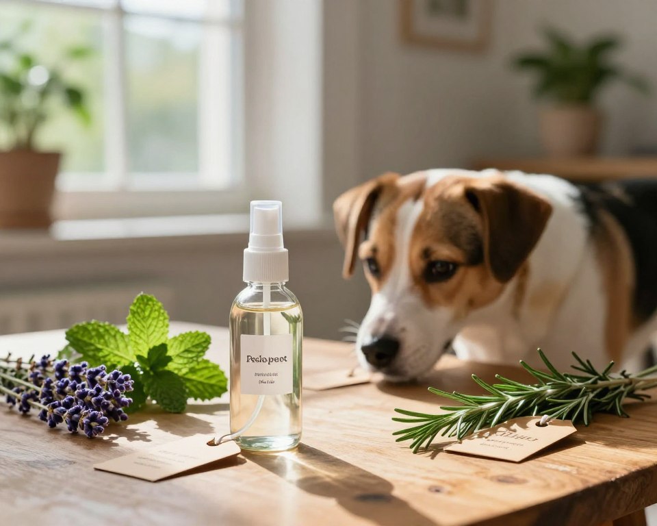 A serene indoor scene showcasing a collection of natural insect repellents safe for pets. In the foreground, a glass spray bottle filled with a clear liquid sits on a wooden table, surrounded by fresh herbs like lavender, mint, and rosemary, each labeled with elegant tags. In the middle ground, a playful dog sniffing around the table, looking curious but calm, embodies a pet-friendly atmosphere. In the background, soft natural light filters through an open window, illuminating cozy indoor greenery, creating a peaceful and inviting mood. A hint of sunlight casts gentle shadows, enhancing the warmth of the scene. The overall composition conveys a safe and calming environment for both pets and owners, emphasizing the theme of pet-friendly alternatives.