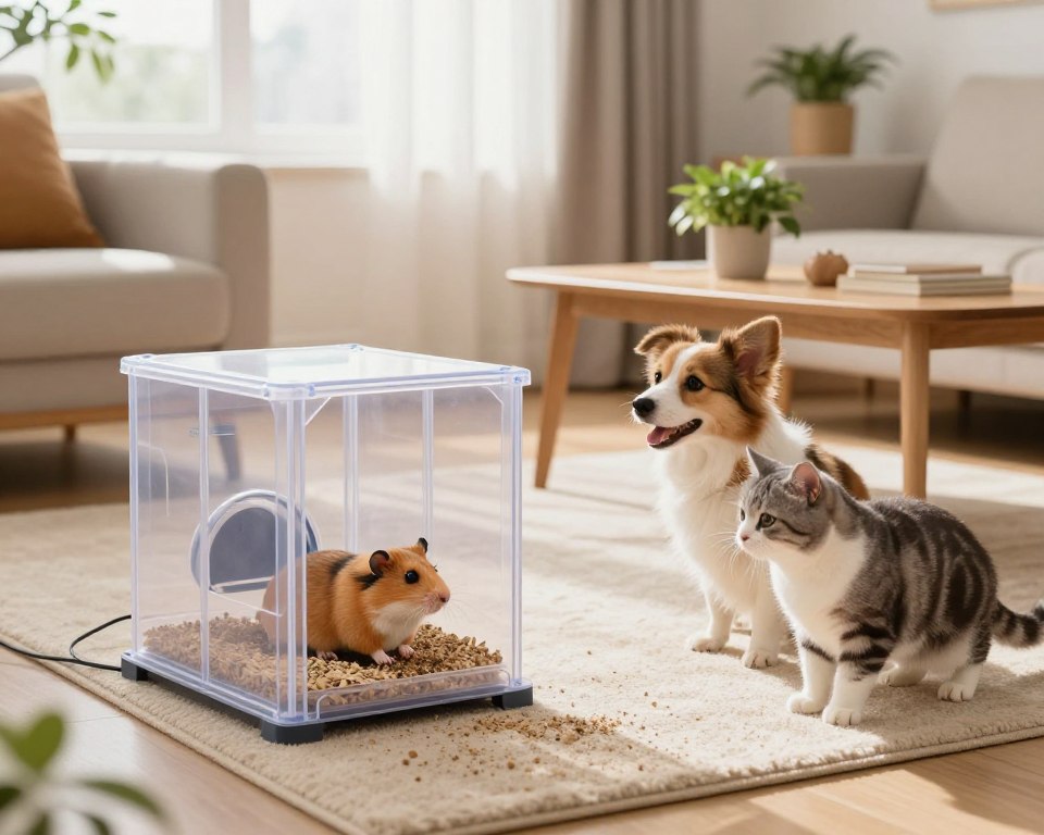 A serene indoor scene showcasing pet-friendly rodent control measures. In the foreground, a cozy living room features a stylish, safe rodent bait station designed to be inaccessible to pets and children, perhaps made of clear, non-toxic materials. A happy, curious dog and a playful cat are nearby, sniffing the bait station with friendly expressions. The middle ground highlights a soft rug and a wooden coffee table adorned with family-friendly plants, promoting a safe environment. The background shows a well-lit window with gentle sunlight filtering through sheer curtains, creating a warm and inviting atmosphere. The overall mood is protective yet homely, emphasizing safety for both pets and children in a modern household. The image has a soft focus, enhancing the comforting ambiance of the space.
