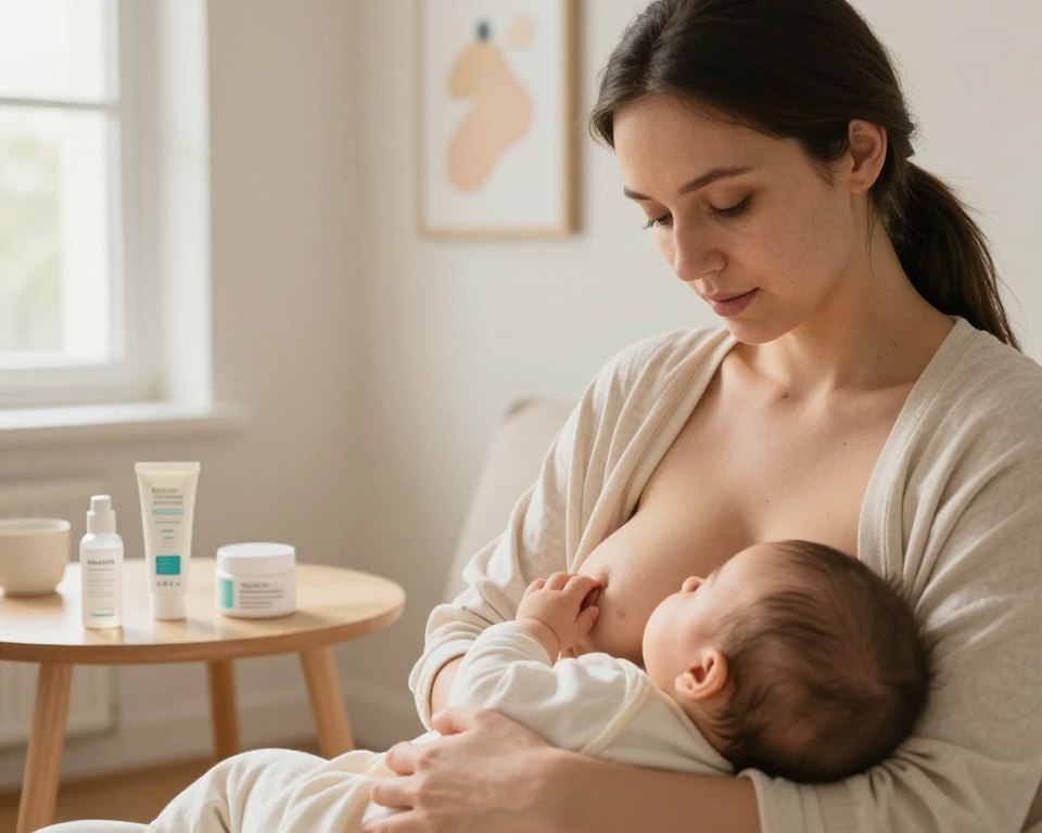 A serene indoor setting depicting a mother in modest, casual clothing breastfeeding her baby. She has clear skin, suggesting effective acne treatment, with a focused expression reflecting calm and care. The foreground showcases the breastfeeding moment, with warm, soft light filtering through a nearby window, creating a cozy atmosphere. In the middle, a small, neatly arranged table holds acne treatment products, such as salicylic acid ointment and a soothing cream, emphasizing the guidelines for topical treatments. The background features light-colored walls adorned with gentle, abstract art, enhancing the sense of tranquility and safety in the environment. The angle captures the interaction between mother and child, illustrating the topic sensitively and professionally.