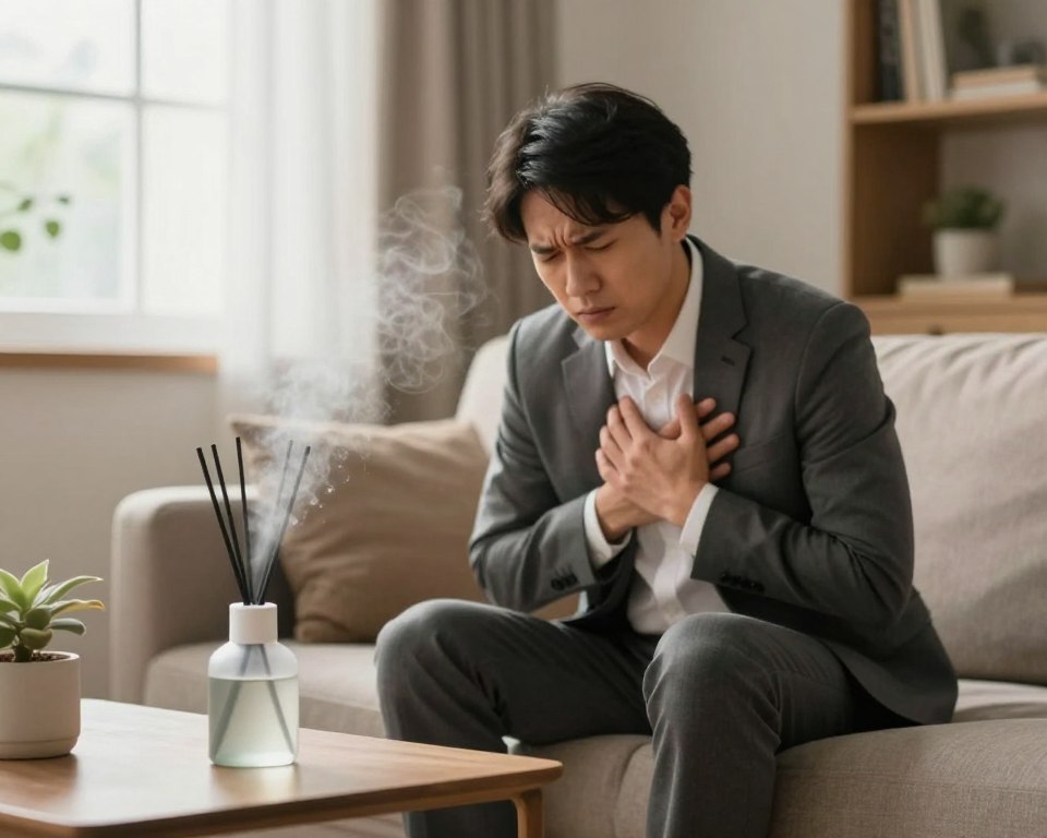 A serene indoor setting featuring a living room with a cozy atmosphere. In the foreground, a subtle depiction of an stylish air freshener on a shelf, with gentle mist dissipating in the air, suggesting its use. In the middle ground, a concerned individual in professional attire is sitting on a sofa, visibly experiencing discomfort, holding their chest lightly, showcasing the sensitivity to the air quality. The background shows a window with natural light filtering through sheer curtains, adding warmth to the scene. The lighting is soft yet vivid, creating a sense of awareness about indoor air quality. The overall mood is contemplative, highlighting the connection between air fresheners and sensitivity in individuals prone to asthma.