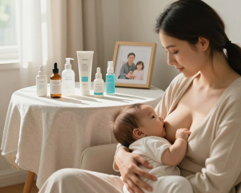 A serene indoor setting focused on a mother and child, symbolizing the theme of breastfeeding safety. In the foreground, a lovingly depicted mother, wearing a comfortable, modest outfit, cradles her baby, creating a sense of warmth and nurturing. The middle layer features a beautifully arranged table with skincare products, including salicylic acid, displayed prominently but safely away from the baby, emphasizing the discussion of safety. Soft, natural lighting filters through a nearby window, casting gentle shadows that enhance the calming atmosphere. In the background, framed pictures of family moments add a personal touch, enriching the scene without distraction. The overall mood conveys reassurance and care, highlighting the importance of informed decisions while breastfeeding.