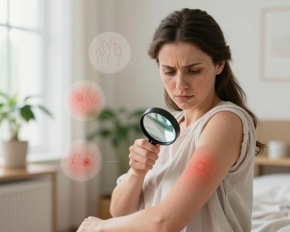 A serene indoor setting focusing on a professional woman examining her skin for symptoms of PPD sensitivity. In the foreground, show her with a concerned but calm expression, wearing a light, casual blouse, using a magnifying glass to inspect a patch of skin on her arm. In the middle ground, display common symptoms like redness, swelling, or hives depicted artistically around her—the symptoms subtly illustrated as faint outlines or watercolor splashes. The background features a softly lit room with plants and gentle daylight filtering through a window, creating a soothing atmosphere. Use a shallow depth of field to keep the focus on the woman and the symptoms, conveying an informative yet relaxed mood.