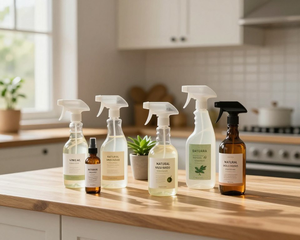 A serene indoor setting showcasing a range of natural mold killer spray options on a wooden kitchen counter. In the foreground, several environmentally-friendly spray bottles with earthy labels, featuring ingredients like vinegar, tea tree oil, and citrus extracts, arranged artfully. The middle ground includes a small potted plant to enhance the natural vibe. The scene is warmly lit with soft, diffused sunlight filtering through a nearby window, casting gentle shadows that create a calm atmosphere. In the background, a clean, uncluttered kitchen with light-colored cabinets and a hint of greenery visible outside, reinforcing the theme of safety and wellness in home environments. Overall, the image conveys a sense of safety, cleanliness, and eco-friendliness.