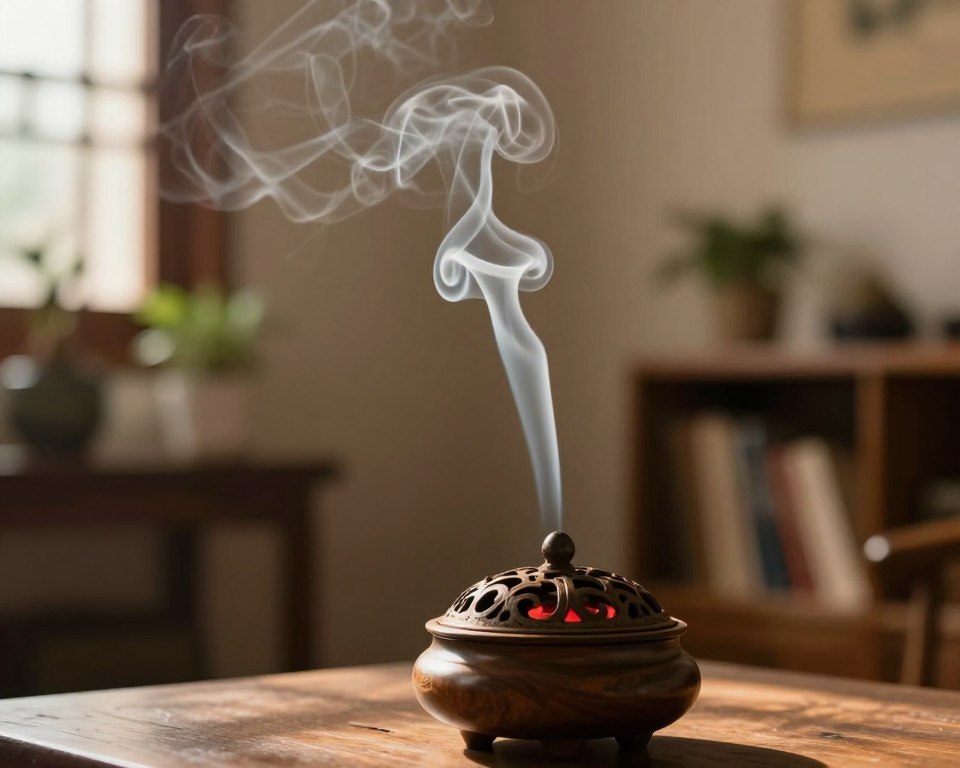 A serene indoor setting showcasing a traditional incense burner emitting delicate wisps of smoke. In the foreground, focus on the ornate incense burner made of dark wood, with glowing red embers visible inside. The middle ground features a soft swirl of incense smoke, gracefully curling upwards in intricate patterns, illuminated by warm, soft lighting that evokes a calming atmosphere. In the background, there should be a blurred, cozy room interior with plants and bookshelves, creating a peaceful environment. Natural light filters through a window, casting gentle shadows that enhance the tranquil mood. The image captures the essence of meditation and contemplation, inviting viewers to reflect on the implications of breathing in incense smoke, without any text or additional elements. A serene indoor setting showcasing a traditional incense burner emitting delicate wisps of smoke. In the foreground, focus on the ornate incense burner made of dark wood, with glowing red embers visible inside. The middle ground features a soft swirl of incense smoke, gracefully curling upwards in intricate patterns, illuminated by warm, soft lighting that evokes a calming atmosphere. In the background, there should be a blurred, cozy room interior with plants and bookshelves, creating a peaceful environment. Natural light filters through a window, casting gentle shadows that enhance the tranquil mood. The image captures the essence of meditation and contemplation, inviting viewers to reflect on the implications of breathing in incense smoke, without any text or additional elements.
