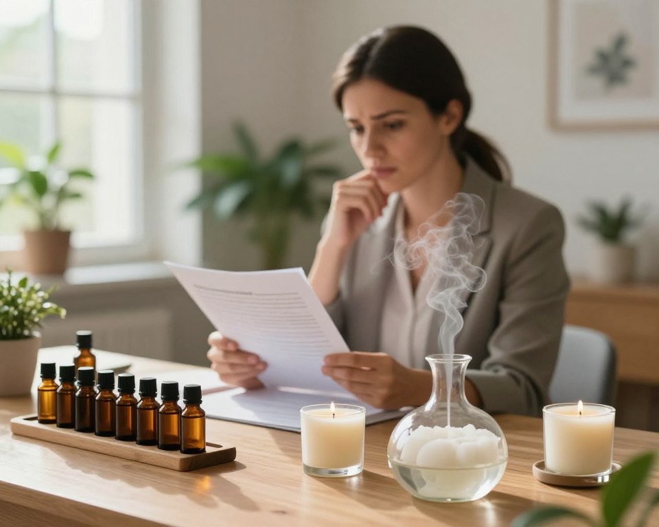 A serene indoor space that conveys the theme of respiratory health, featuring a well-organized table displaying various fragrance oils and wax melts. In the foreground, a clear glass diffuser emits gentle wisps of vapor, symbolizing the release of fragrance into the air. In the middle ground, a professional woman in modest business attire examines a research document, looking thoughtful and concerned. The background features a softly lit room with plants that promote clean air, while sunlight filters through a window, creating a warm and inviting atmosphere. The overall mood is one of contemplation regarding health choices, with a focus on the impact of fragrance oils. Use soft, natural lighting from the window to enhance the peaceful ambiance of the scene.