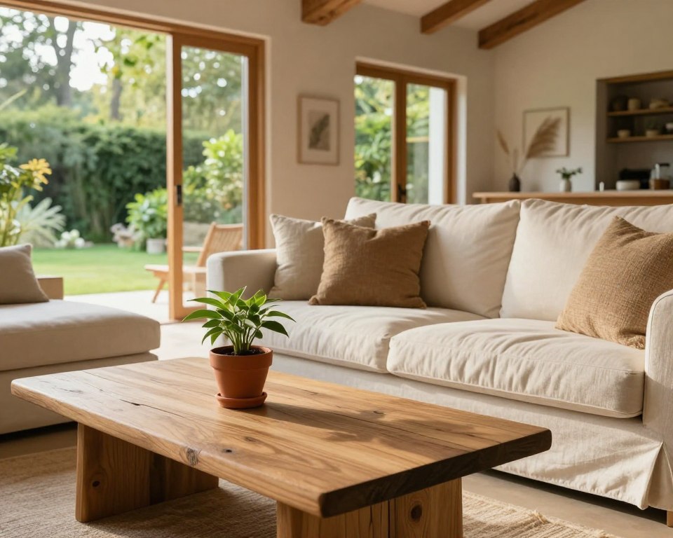 A serene interior space showcasing natural materials that enhance indoor air quality. In the foreground, a beautifully crafted wooden coffee table, made from sustainably sourced oak, holds a small indoor plant in a terracotta pot, symbolizing nature. The middle ground features a comfortable sofa upholstered in organic cotton, with soft, earth-toned cushions made from hemp and linen, inviting relaxation. In the background, large windows fill the room with warm, natural light, illuminating wooden beams and a lush green view of an outdoor garden. The mood is calm and refreshing, emphasizing a harmonious blend of comfort and eco-friendliness. The scene is captured with a wide-angle lens, enhancing the spacious feel, and soft shadows create a peaceful atmosphere, reflecting a natural, healthy home environment.