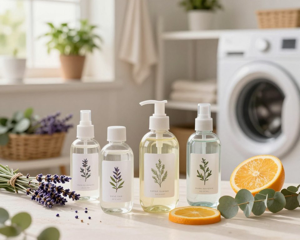 A serene, inviting scene depicting natural and non-toxic laundry scent boosters. In the foreground, showcase a variety of eco-friendly scent booster bottles crafted from clear glass, elegantly labeled with botanical elements. The middle ground features fresh, vibrant ingredients such as lavender, eucalyptus, and citrus slices artfully arranged around the bottles, emphasizing their natural origins. The background should include a soft focus of a sunlit laundry room, with white wood shelves displaying potted herbs and soft cotton fabrics hanging. The lighting is warm and golden, evoking a cozy, fresh atmosphere. The overall mood is peaceful and wholesome, celebrating the benefits of using safe alternatives for sensitive skin. A serene, inviting scene depicting natural and non-toxic laundry scent boosters. In the foreground, showcase a variety of eco-friendly scent booster bottles crafted from clear glass, elegantly labeled with botanical elements. The middle ground features fresh, vibrant ingredients such as lavender, eucalyptus, and citrus slices artfully arranged around the bottles, emphasizing their natural origins. The background should include a soft focus of a sunlit laundry room, with white wood shelves displaying potted herbs and soft cotton fabrics hanging. The lighting is warm and golden, evoking a cozy, fresh atmosphere. The overall mood is peaceful and wholesome, celebrating the benefits of using safe alternatives for sensitive skin.