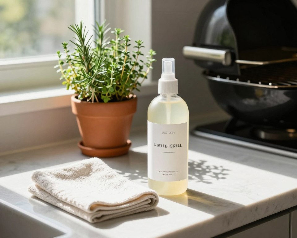 A serene kitchen countertop featuring a bottle of natural grill cleaner, artfully designed with a minimalist label reflecting eco-friendly values. In the foreground, a pair of eco-friendly cleaning cloths are elegantly placed beside the bottle, showcasing their soft texture. The middle ground captures a vibrant potted herb garden, such as rosemary and thyme, symbolizing the natural ingredients used in the cleaner. Sunlight streams in from a nearby window, casting soft, warm rays that create a cozy and inviting atmosphere. The background includes a glimpse of a sparkling clean grill, subtly hinting at its recent maintenance. The scene is shot from a slightly elevated angle, emphasizing the harmonious arrangement. The overall mood is one of freshness and sustainability, perfect for daily maintenance practices.