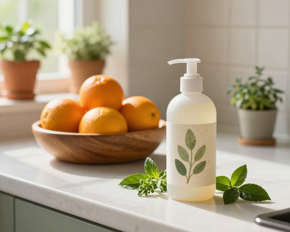 A serene kitchen countertop with a focus on eco-friendly cleaning products. In the foreground, a beautifully designed biodegradable cleaner bottle made from recycled materials, with natural elements like leaves and herbs alongside it. In the middle ground, a wooden bowl filled with fresh citrus fruits, symbolizing natural cleaning scents. The background features soft, warm natural lighting filtering through a window, illuminating potted plants and a small herb garden. A gentle aura of sustainability permeates the scene. The overall atmosphere is fresh and inviting, emphasizing the connection between modern cleaning and environmental safety. The angle is slightly above eye level, capturing the entire composition harmoniously.