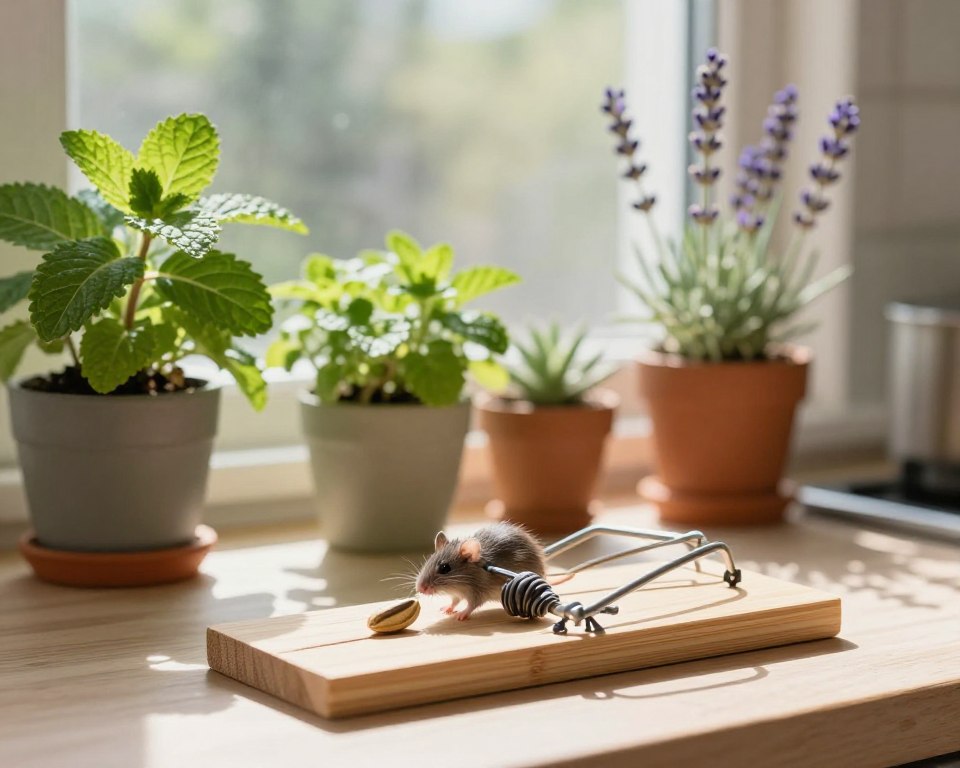 A serene kitchen environment with a focus on eco-friendly mouse control methods. In the foreground, a stylish, modern mouse trap made of bamboo that is both humane and non-toxic, complete with small natural baits like seeds. In the middle, an array of potted plants, including mint and lavender, showcasing their natural pest-repellent qualities. The background features a window with sunlight streaming in, illuminating the scene and creating a warm, inviting atmosphere. Soft shadows cast by the plants add depth, while a gentle breeze causes the leaves to rustle. The overall mood is tranquil and natural, promoting a sense of responsibility towards wildlife-friendly pest control.