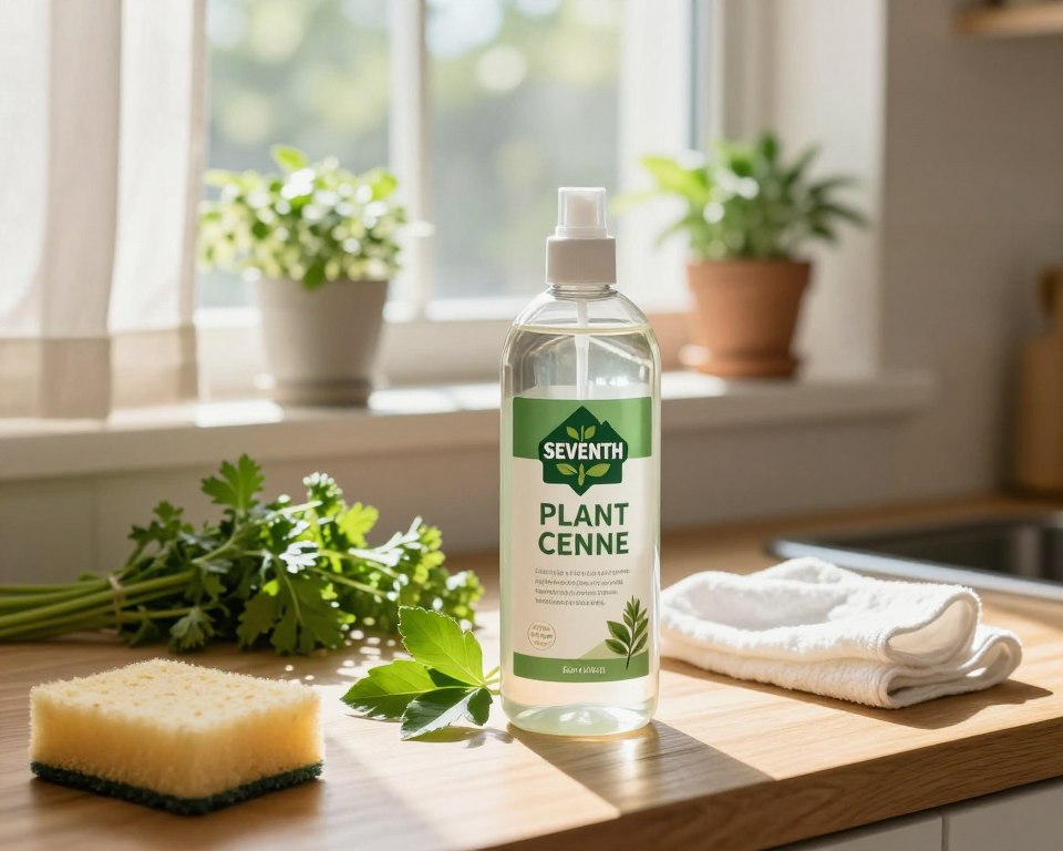 A serene kitchen scene showcasing plant-based cleaning products, emphasizing eco-friendliness and safety. In the foreground, a bottle of Seventh Generation cleaner made from natural ingredients, with vibrant green leaves surrounding it. The middle ground features a wooden countertop adorned with fresh herbs, a natural sponge, and a cotton cloth, promoting a clean and sustainable environment. In the background, soft sunlight filters through a window adorned with sheer curtains, illuminating potted plants on the windowsill, enhancing the natural ambiance. The lighting is warm and inviting, creating a feeling of harmony and cleanliness. The overall mood is fresh and rejuvenating, reflecting a commitment to plant-based safety in household cleaning.