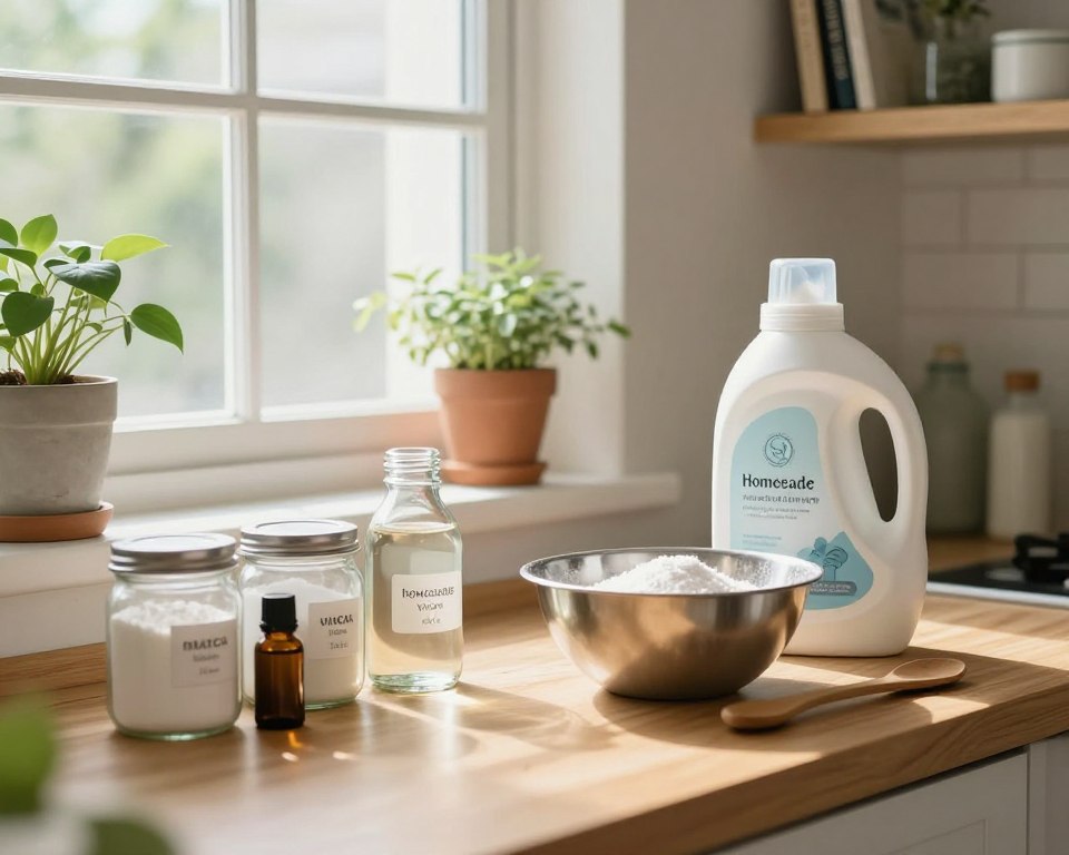 A serene kitchen setting, showcasing the process of making homemade laundry detergent. In the foreground, a wooden countertop is filled with natural ingredients like baking soda, vinegar, and essential oils in neatly labeled glass jars. A stainless steel bowl holds a mixture, while a wooden spoon rests beside it. In the middle ground, a bright window allows soft, natural light to stream in, creating an inviting atmosphere. Potted plants on the windowsill convey freshness and eco-awareness. In the background, shelves lined with eco-friendly cleaning books and more natural products hint at a sustainable lifestyle. The overall mood is warm and wholesome, emphasizing health and environmental consciousness, captured with a soft focus lens. A serene kitchen setting, showcasing the process of making homemade laundry detergent. In the foreground, a wooden countertop is filled with natural ingredients like baking soda, vinegar, and essential oils in neatly labeled glass jars. A stainless steel bowl holds a mixture, while a wooden spoon rests beside it. In the middle ground, a bright window allows soft, natural light to stream in, creating an inviting atmosphere. Potted plants on the windowsill convey freshness and eco-awareness. In the background, shelves lined with eco-friendly cleaning books and more natural products hint at a sustainable lifestyle. The overall mood is warm and wholesome, emphasizing health and environmental consciousness, captured with a soft focus lens.