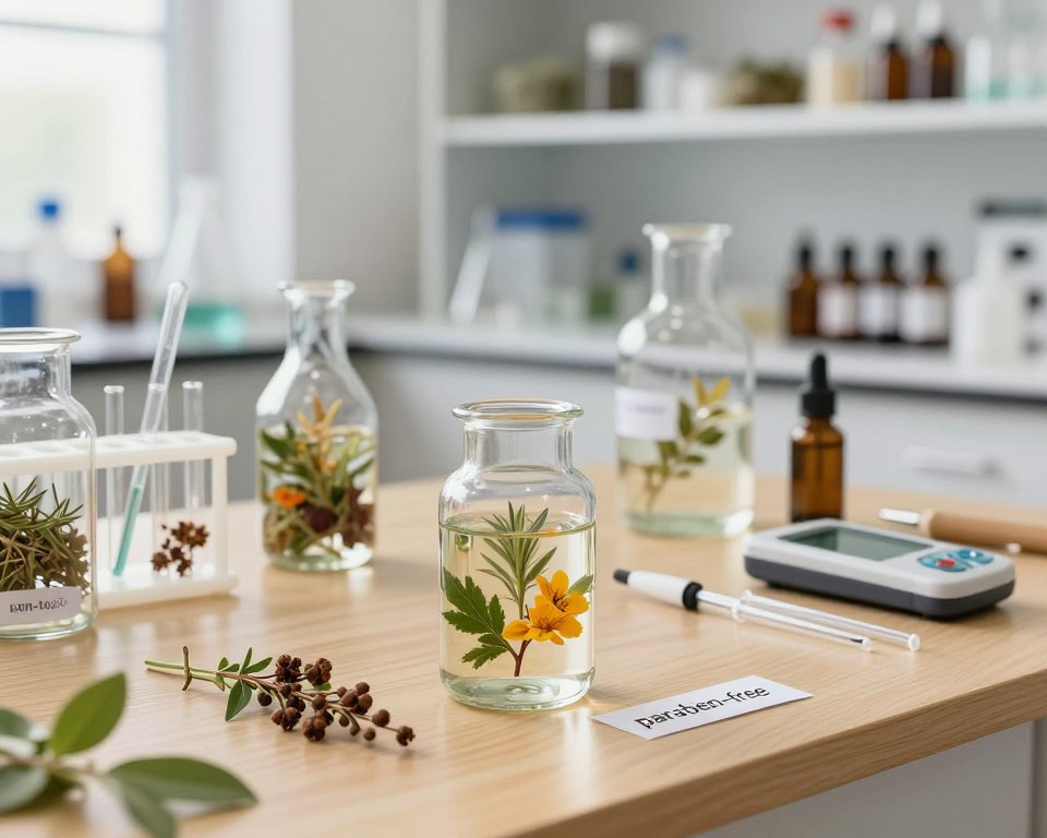 A serene laboratory setting with an array of glass vials and beakers, showcasing safe preservatives for cosmetics. In the foreground, a clear glass container filled with natural botanical extracts, surrounded by labels indicating "non-toxic" and "paraben-free." In the middle ground, an elegant wooden table with various scientific tools like pipettes and a pH meter, emphasizing the art of cosmetic formulation. In the background, soft white shelves lined with herbal ingredients and essential oils, offering a calming atmosphere. Bright, natural lighting floods the scene, highlighting the clarity of the glass and the vibrant colors of the botanicals. The mood is professional and soothing, promoting the idea of safe and effective cosmetic preservation. A serene laboratory setting with an array of glass vials and beakers, showcasing safe preservatives for cosmetics. In the foreground, a clear glass container filled with natural botanical extracts, surrounded by labels indicating "non-toxic" and "paraben-free." In the middle ground, an elegant wooden table with various scientific tools like pipettes and a pH meter, emphasizing the art of cosmetic formulation. In the background, soft white shelves lined with herbal ingredients and essential oils, offering a calming atmosphere. Bright, natural lighting floods the scene, highlighting the clarity of the glass and the vibrant colors of the botanicals. The mood is professional and soothing, promoting the idea of safe and effective cosmetic preservation.
