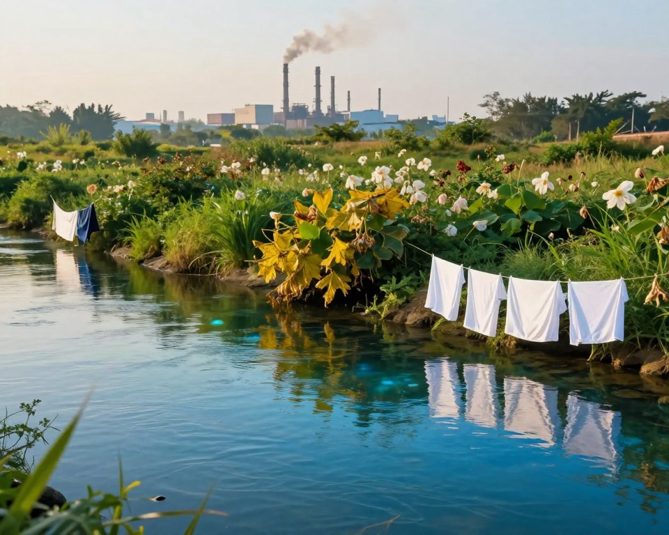 A serene landscape depicting the environmental impact of optical brighteners. In the foreground, a clear, tranquil river reflects vibrant blue and green hues, symbolizing purity. Scattered along the riverbank are various laundry items: fabric swatches showcasing bright white colors, indicating optical brighteners. In the middle ground, lush vegetation and delicate flowers exhibit signs of stress, with yellowing leaves and wilting petals, representing ecological disruption. In the background, a distant factory emits subtle, smoky plumes, hinting at pollution. The overall lighting is a soft, golden hour glow, casting gentle shadows and creating a thoughtful, contemplative mood. Capture this scene with a wide-angle lens to emphasize the vastness of both nature and industrial impact. A serene landscape depicting the environmental impact of optical brighteners. In the foreground, a clear, tranquil river reflects vibrant blue and green hues, symbolizing purity. Scattered along the riverbank are various laundry items: fabric swatches showcasing bright white colors, indicating optical brighteners. In the middle ground, lush vegetation and delicate flowers exhibit signs of stress, with yellowing leaves and wilting petals, representing ecological disruption. In the background, a distant factory emits subtle, smoky plumes, hinting at pollution. The overall lighting is a soft, golden hour glow, casting gentle shadows and creating a thoughtful, contemplative mood. Capture this scene with a wide-angle lens to emphasize the vastness of both nature and industrial impact.
