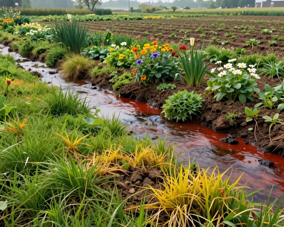 A serene landscape depicting the environmental impact of weed killers on soil and water. In the foreground, lush green grass wilting and yellowing, with small patches of dead soil showing signs of chemical toxicity. In the middle, a clear stream tainted with a slight reddish hue, symbolizing contamination, flowing through a vibrant garden where flowers are struggling to thrive. In the background, a faded agricultural field showing rows of plants that appear unhealthy and stunted. Soft, diffused natural lighting suggests early morning, casting gentle shadows. The mood conveys a sense of concern and awareness, highlighting the delicate balance of nature. Use a slightly elevated angle to capture the entire scene and emphasize the stark contrast between healthy and affected areas, ensuring there are no human figures present. A serene landscape depicting the environmental impact of weed killers on soil and water. In the foreground, lush green grass wilting and yellowing, with small patches of dead soil showing signs of chemical toxicity. In the middle, a clear stream tainted with a slight reddish hue, symbolizing contamination, flowing through a vibrant garden where flowers are struggling to thrive. In the background, a faded agricultural field showing rows of plants that appear unhealthy and stunted. Soft, diffused natural lighting suggests early morning, casting gentle shadows. The mood conveys a sense of concern and awareness, highlighting the delicate balance of nature. Use a slightly elevated angle to capture the entire scene and emphasize the stark contrast between healthy and affected areas, ensuring there are no human figures present.