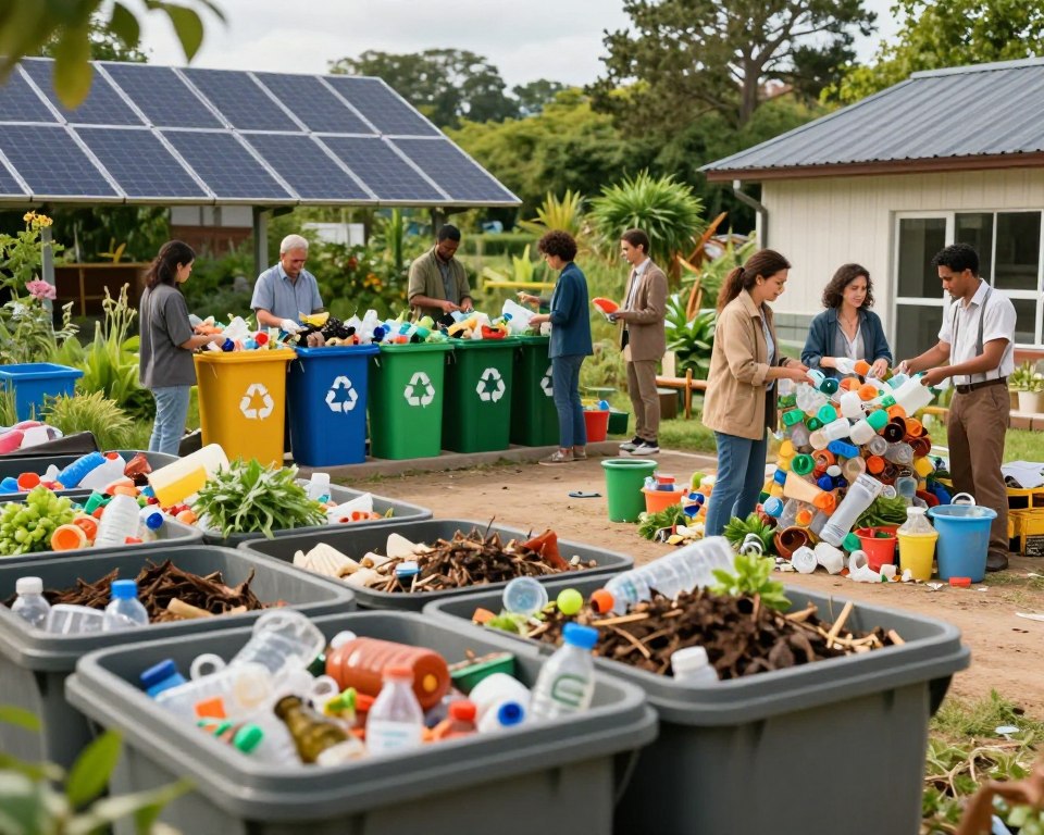 A serene landscape showcasing sustainable alternatives to burning plastic waste, with composting bins overflowing with organic materials in the foreground. In the middle, a vibrant community recycling center is bustling with diverse people in professional attire, carefully sorting various plastics and organic waste, emphasizing teamwork and cooperation. The background features solar panels and lush greenery, symbolizing environmental friendliness. Soft, natural lighting filters through the scene, highlighting the positive atmosphere and promoting a sense of hope for eco-friendly practices. The angle captures a wide view, allowing for a warm, inviting mood that encourages viewers to consider sustainable methods for waste management without toxic emissions.