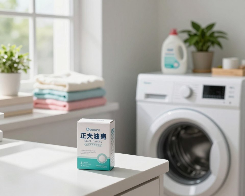 A serene laundry room scene, showcasing a clean and organized space. In the foreground, there is a box of baking soda, prominently displayed on a white countertop beside a stylish, modern washing machine. The middle ground features neatly stacked laundry detergents and fresh linens in pastel colors, hinting at a fresh wash. In the background, a sunny window allows natural light to spill in, casting soft shadows across the room. Green potted plants are visible on a shelf, creating a fresh and inviting atmosphere. The overall mood is calm and homely, emphasizing cleanliness and eco-friendliness. The image captures the practical yet harmonious relationship between laundry care and septic safety, all rendered in bright, soft lighting that enhances the inviting scene.