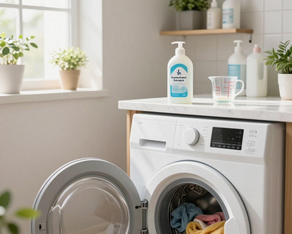 A serene laundry room setting showcasing a clean and efficient space. In the foreground, a washing machine with a glass door is filled with a colorful array of freshly laundered clothes. Soft sunlight streams through a window, casting gentle shadows and illuminating particles of dust floating in the air. In the middle ground, a bottle labeled "Enzyme-Powered Detergent" stands prominently on a white marble countertop alongside a measuring cup. In the background, shelves filled with natural cleaning supplies and potted plants create a calming atmosphere. The scene conveys a sense of safety and care, emphasizing the gentle yet effective nature of enzyme cleaning for sensitive skin. Use a soft-focus lens to enhance the cozy, inviting feel of the space. A serene laundry room setting showcasing a clean and efficient space. In the foreground, a washing machine with a glass door is filled with a colorful array of freshly laundered clothes. Soft sunlight streams through a window, casting gentle shadows and illuminating particles of dust floating in the air. In the middle ground, a bottle labeled "Enzyme-Powered Detergent" stands prominently on a white marble countertop alongside a measuring cup. In the background, shelves filled with natural cleaning supplies and potted plants create a calming atmosphere. The scene conveys a sense of safety and care, emphasizing the gentle yet effective nature of enzyme cleaning for sensitive skin. Use a soft-focus lens to enhance the cozy, inviting feel of the space.